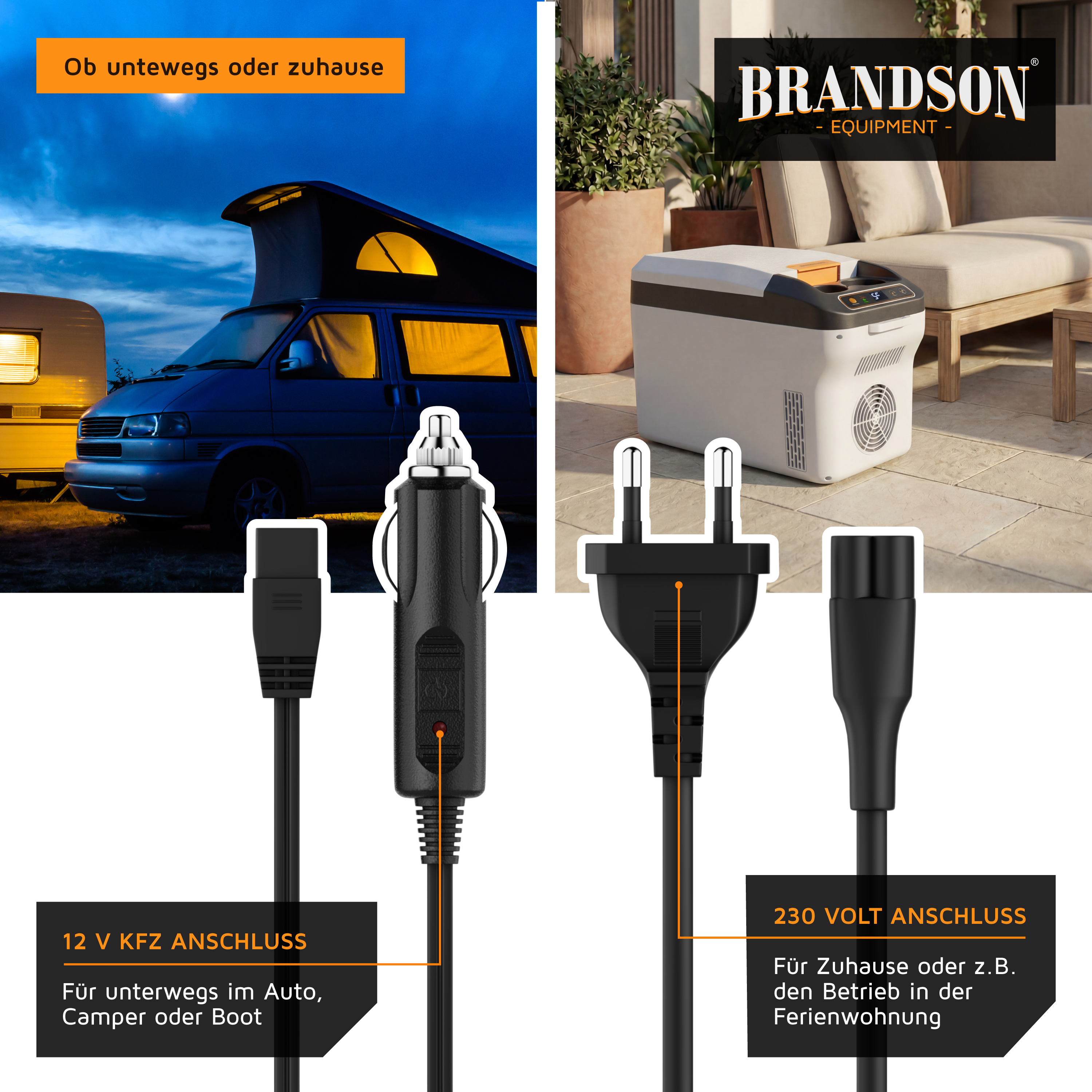 Brandson elektrische Kühlbox mit 12 V KFZ-Anschluss und 230 Volt Anschluss, geeignet für Auto, Camper oder Zuhause.