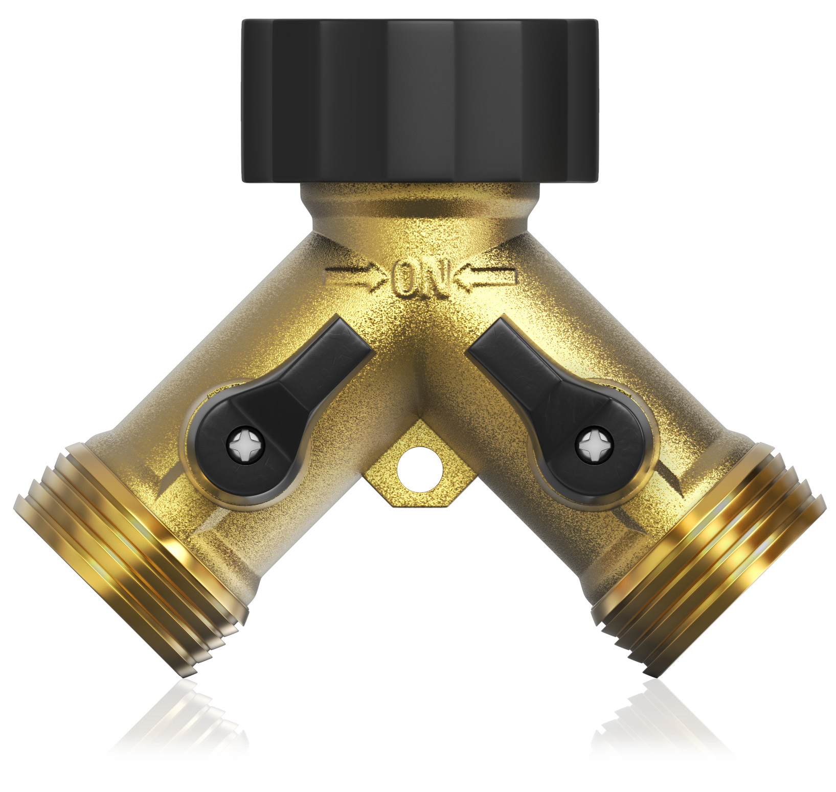 Brandson Y-Verteiler aus Messing mit zwei Absperrhähnen und schwarzem Griff, ideal für Gartenbewässerung.