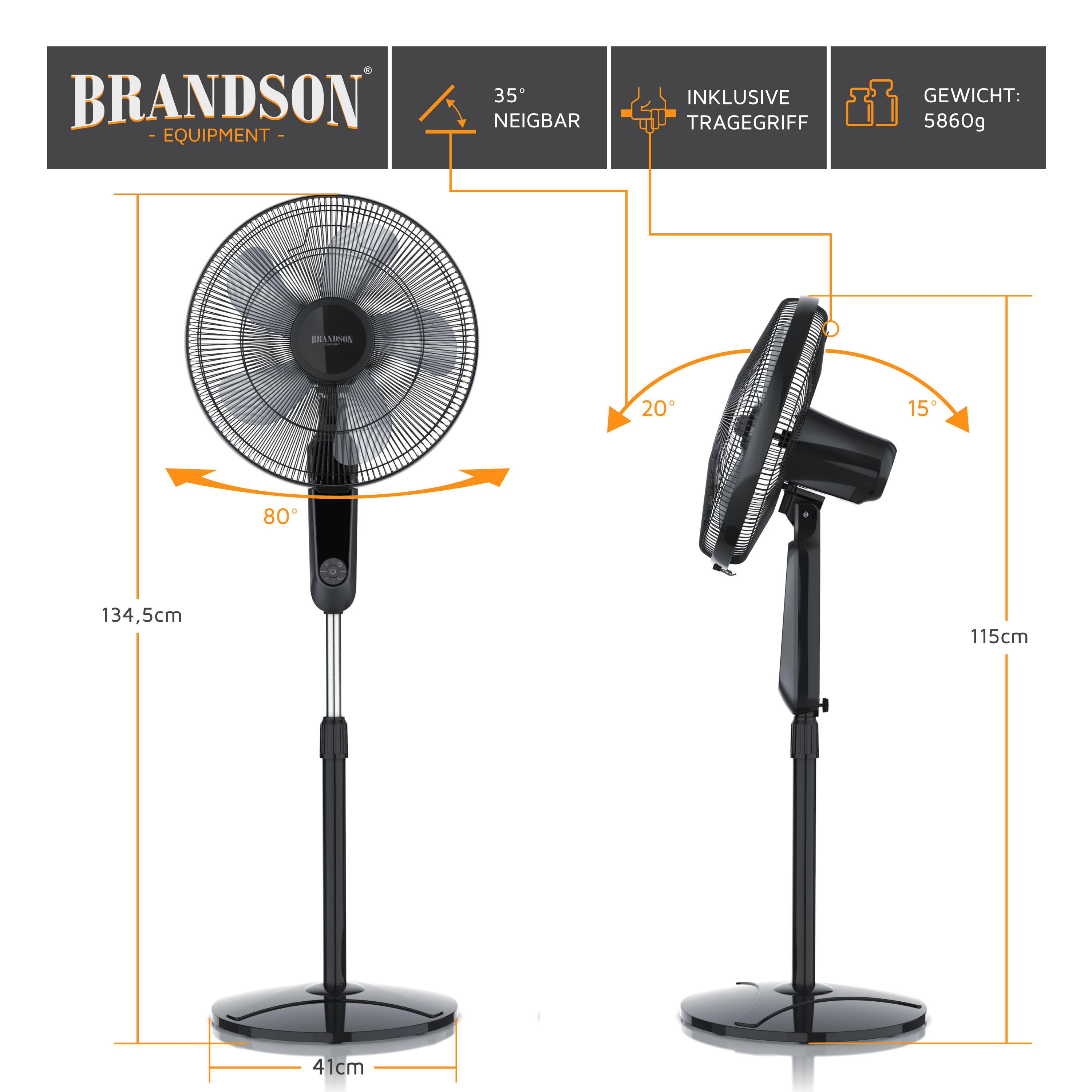 Brandson Standventilator in Schwarz mit neigbarem Kopf, Traggriff und stabiler Standbasis, ideal für kühle Luftzirkulation.