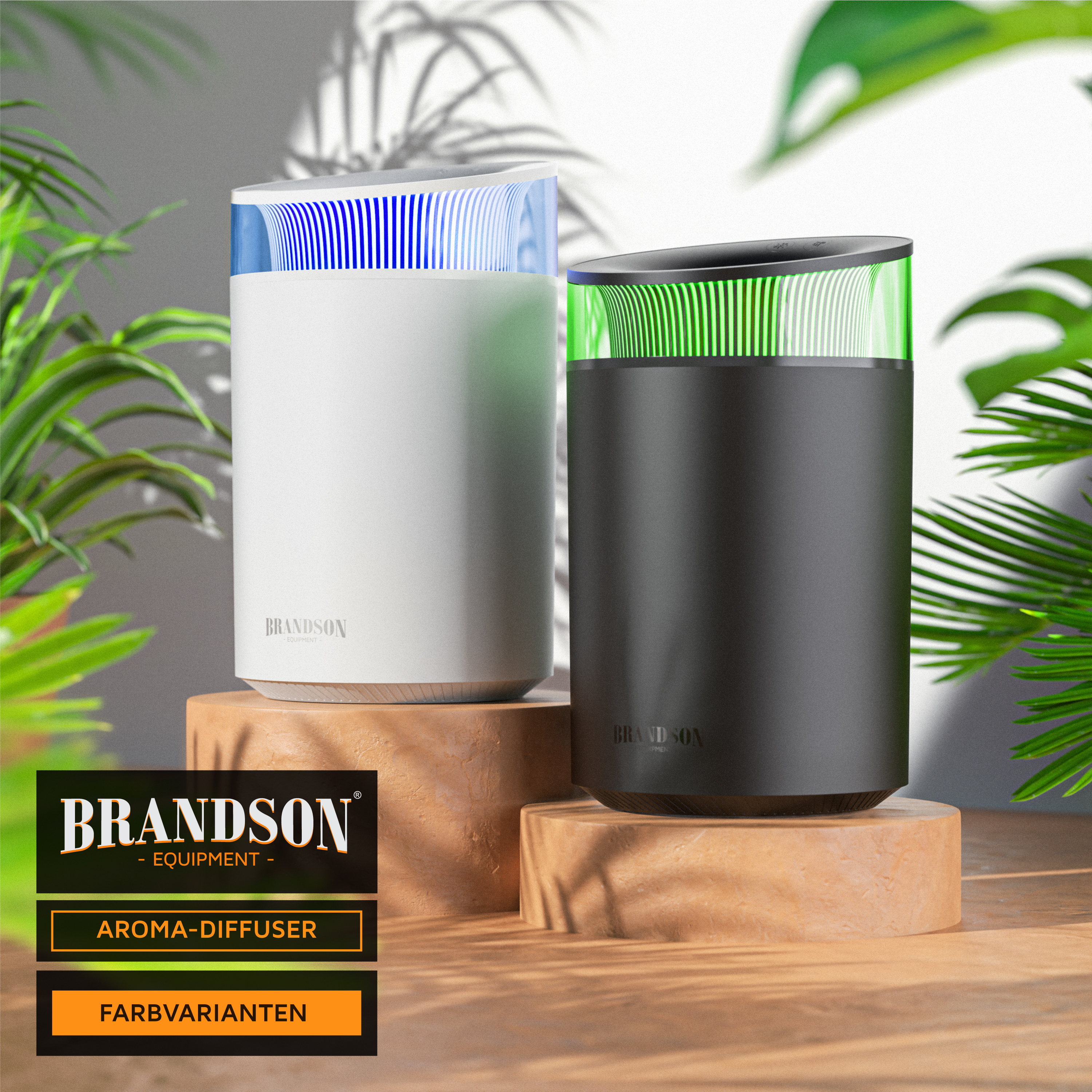 Brandson Aroma-Diffusor in Weiß und Schwarz mit buntem Licht und modernem Design auf Holzunterlage.