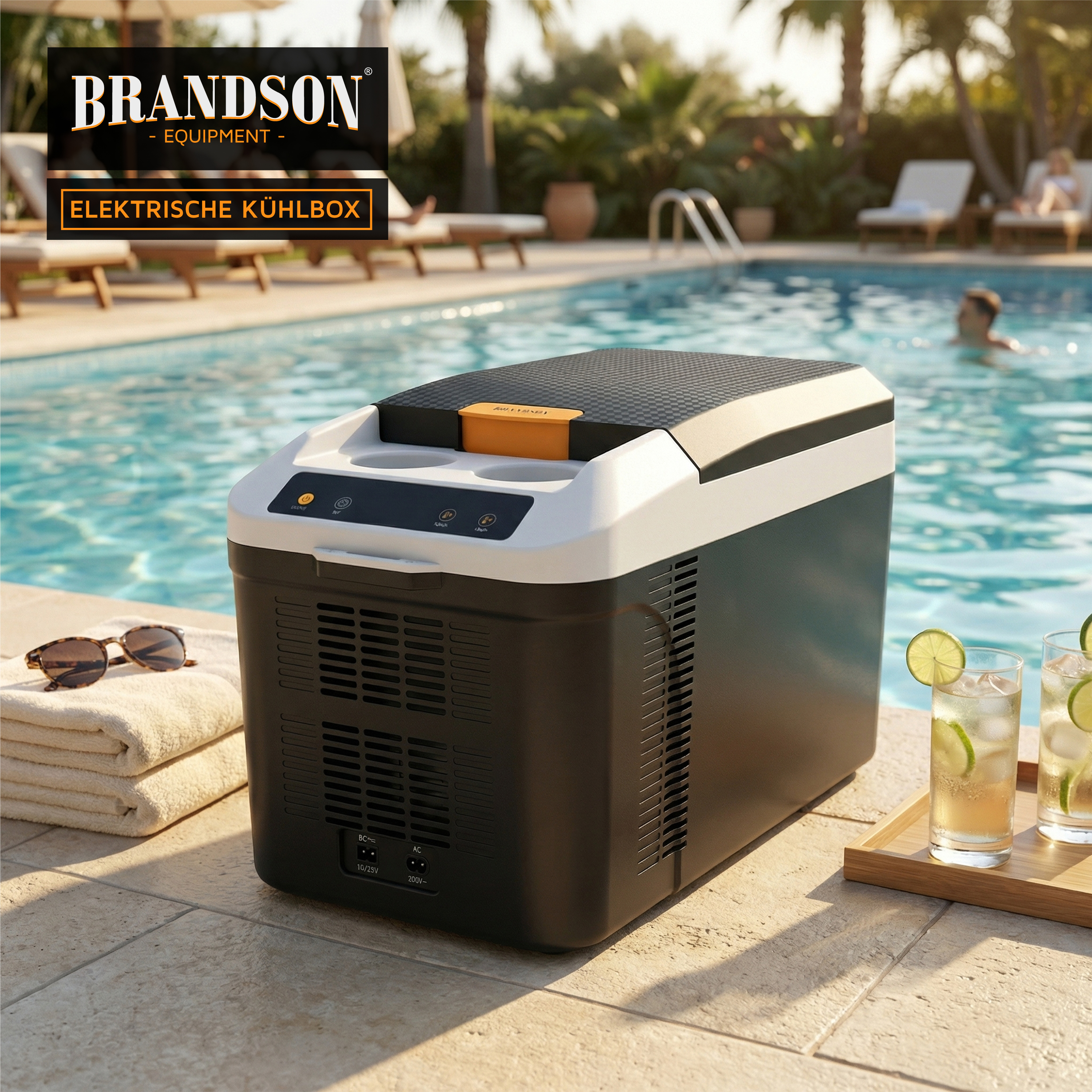 Brandson elektrische Kühlbox in Schwarz und Weiß mit Bedienfeld und Griff, platziert am Pool neben Sonnenbrille und Getränken.