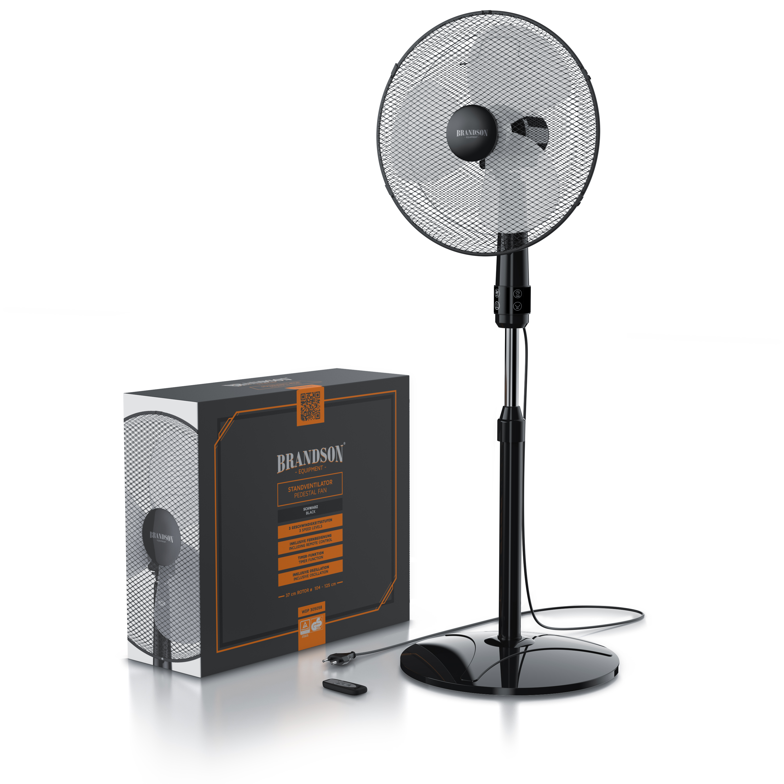 Brandson Standventilator in Schwarz mit Netzgitter, höhenverstellbarem Standfuß und Fernbedienung, verpackt in einer stabilen Box.