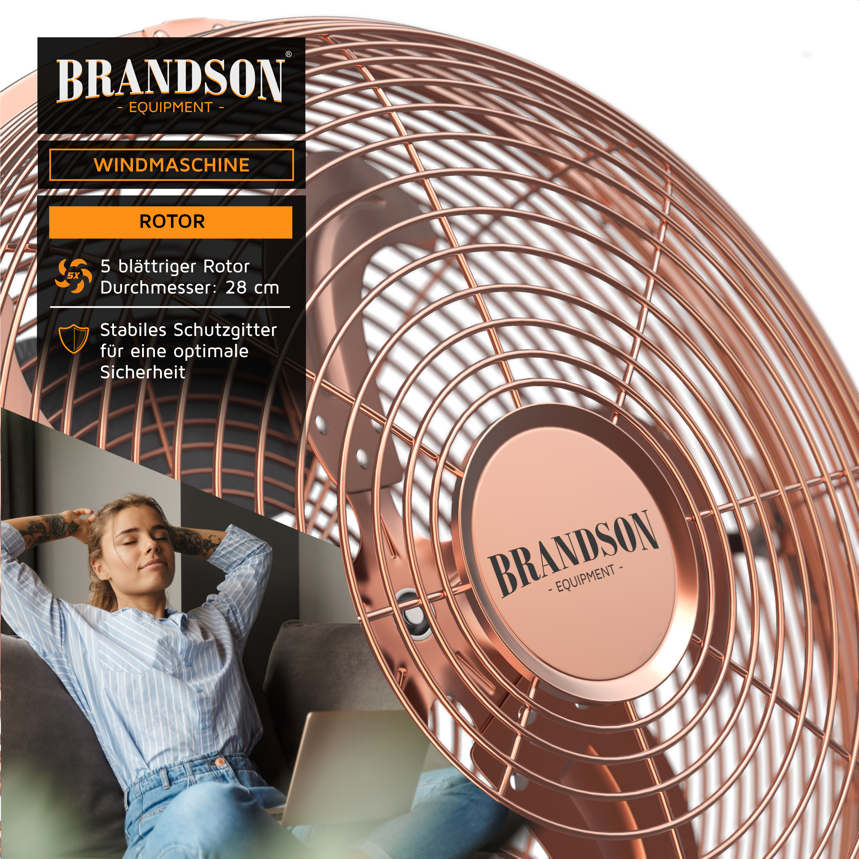 Brandson Windmaschine mit 5-blättrigem Rotor in Kupferfarbe und stabilem Schutzgitter, ideal für den Einsatz im Wohnbereich.