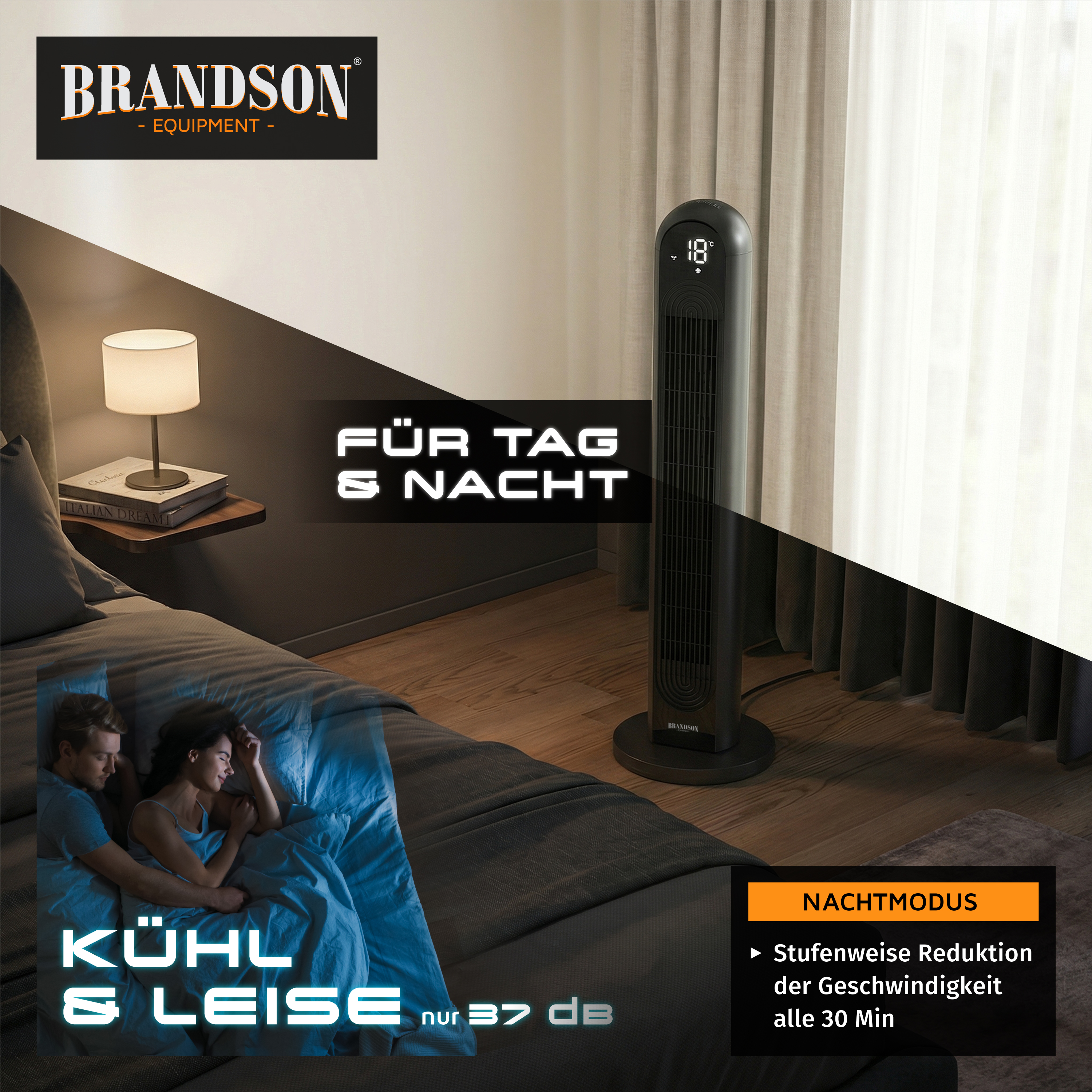 Turmventilator von Brandson im Schlafzimmer mit elegantem schwarzem Design, Digitalanzeige und leisem Betrieb für den Einsatz bei Tag und Nacht.