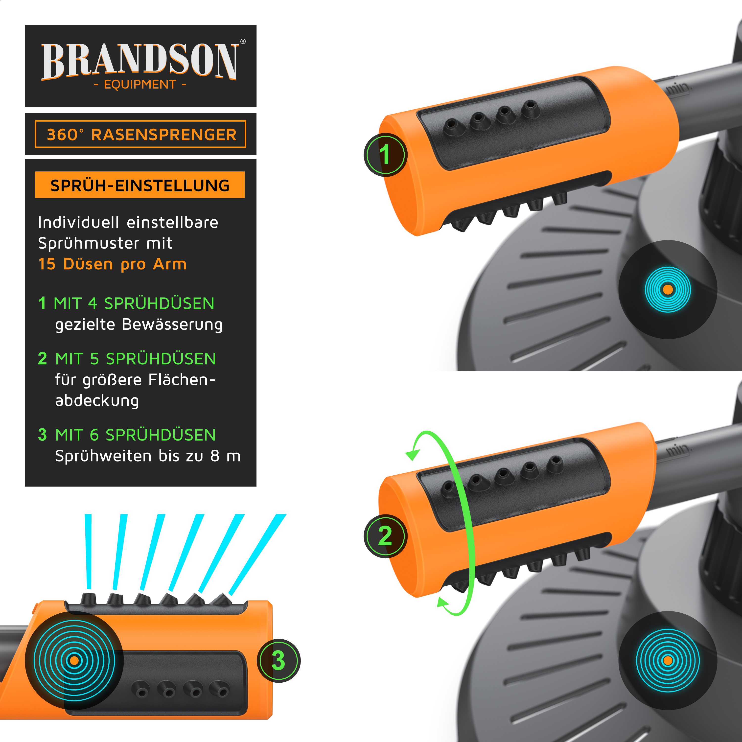 Brandson 360° Rasensprenger mit individuell einstellbarem Sprühmuster und 15 Düsen pro Arm für gezielte Bewässerung.