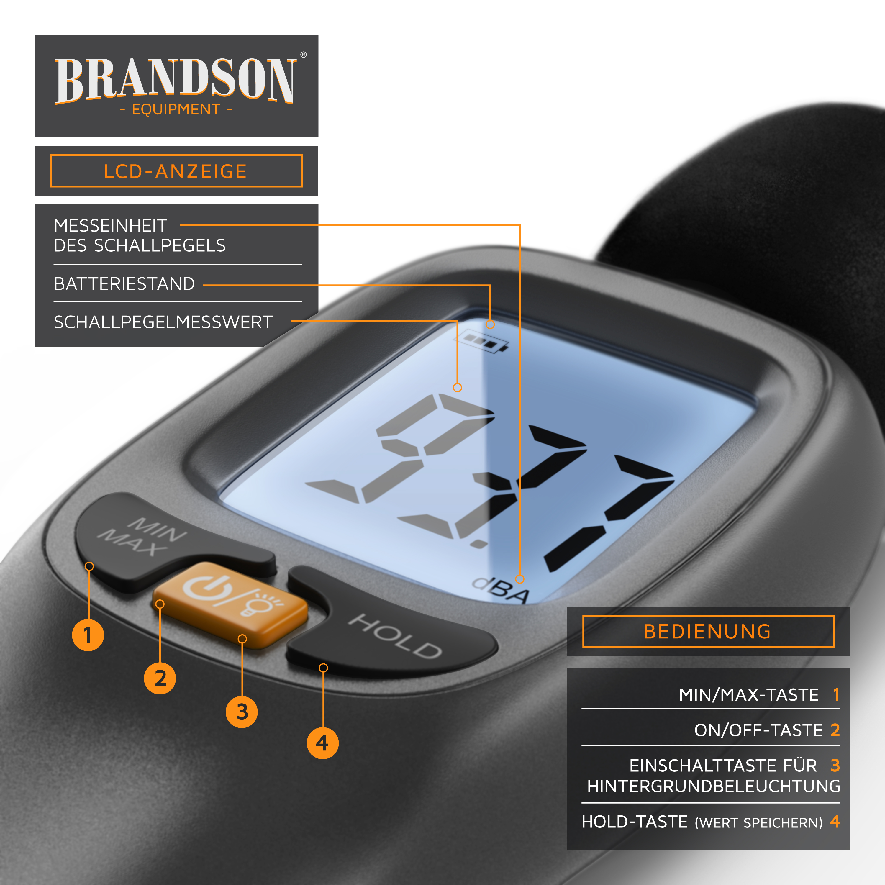 Brandson Schallpegelmessgerät mit LCD-Anzeige, Tasten für Min/Max, Hold und Hintergrundbeleuchtung, im schwarzen Gehäuse.