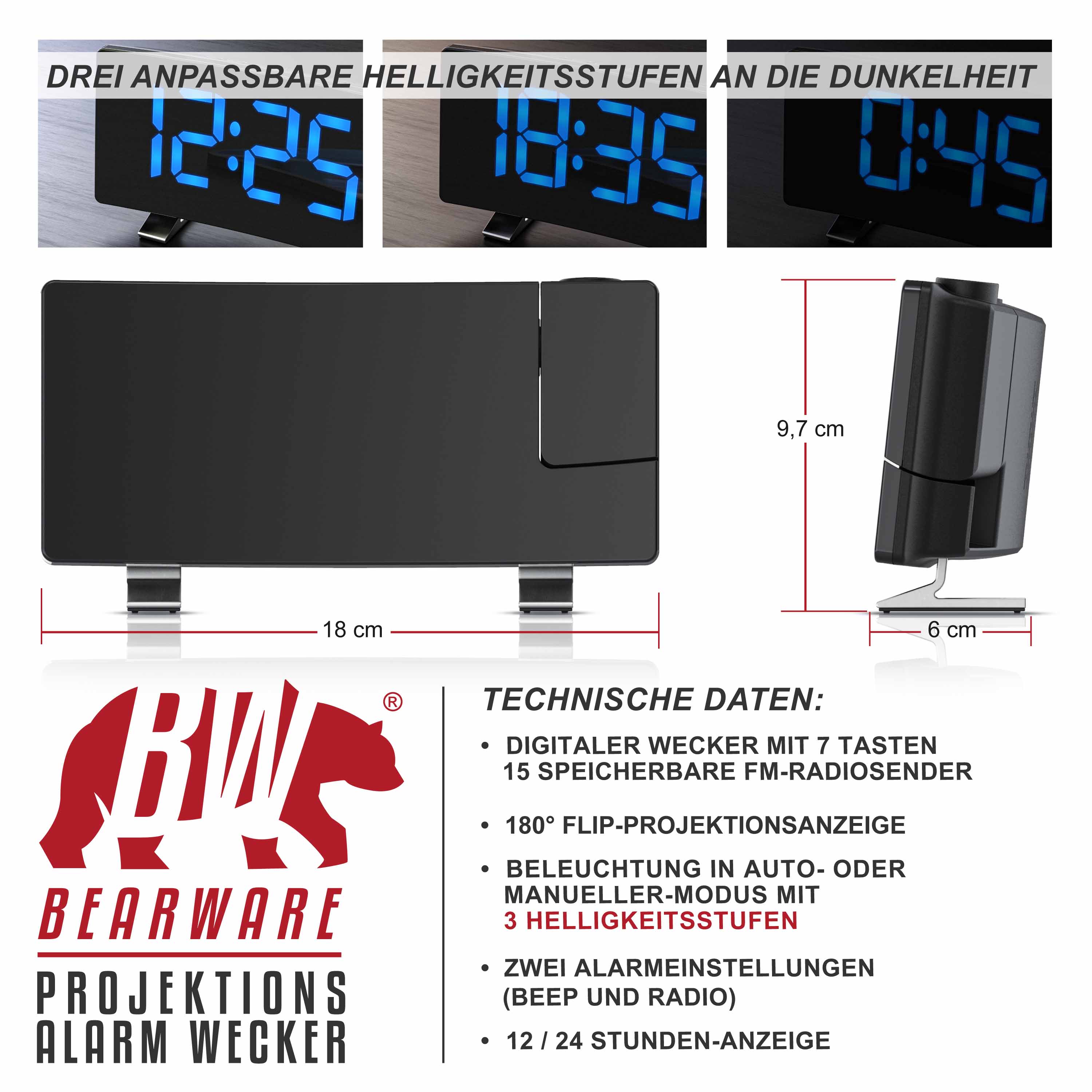 Digitaler Wecker von Brandson mit elegantem schwarzem Design, großem blauen LED-Display, einstellbarer Helligkeit und modernem Ständer.