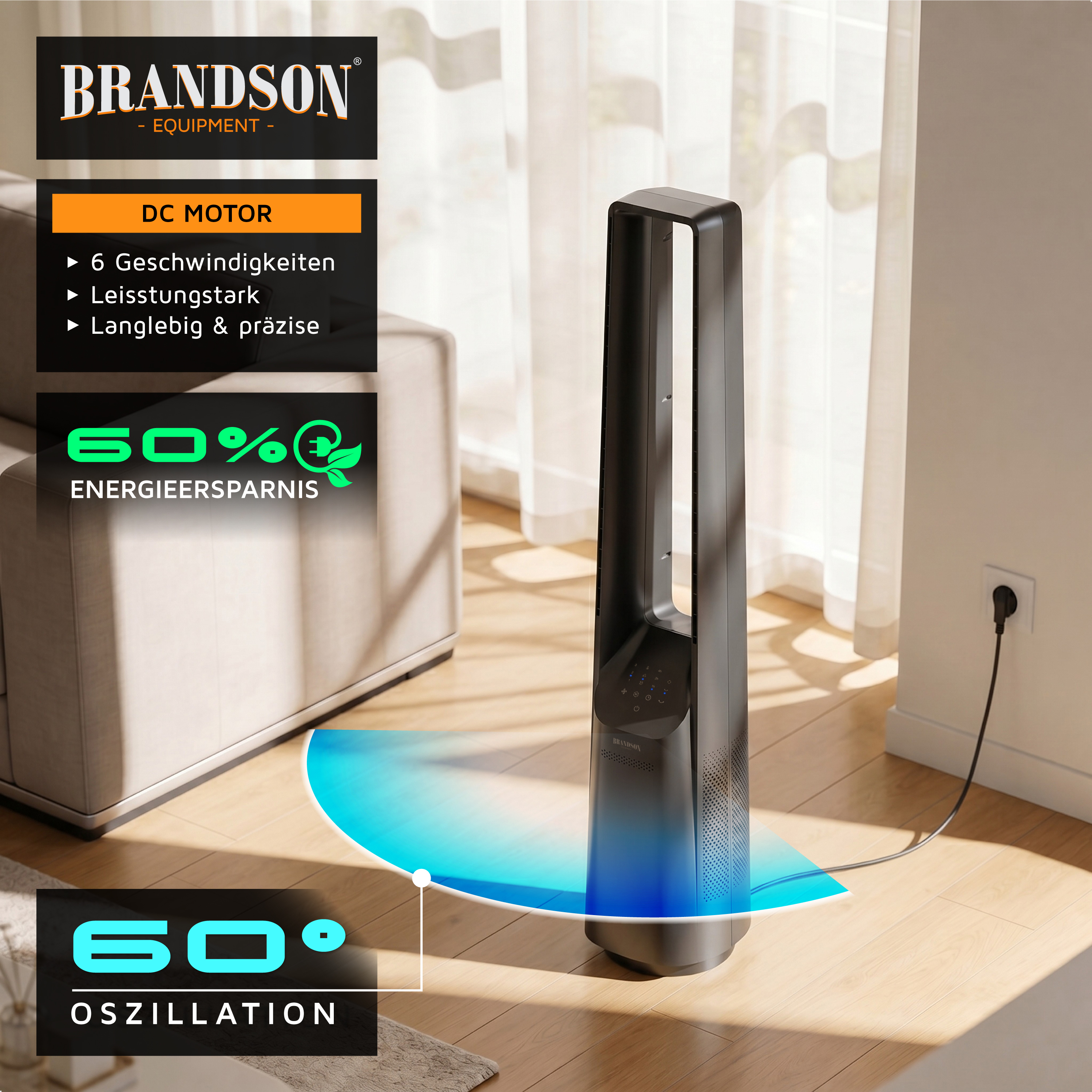 Brandson Turmventilator mit elegantem schwarzem Design, digitaler Anzeige und Bedienfeld, platziert in einem hellen Wohnzimmer.
