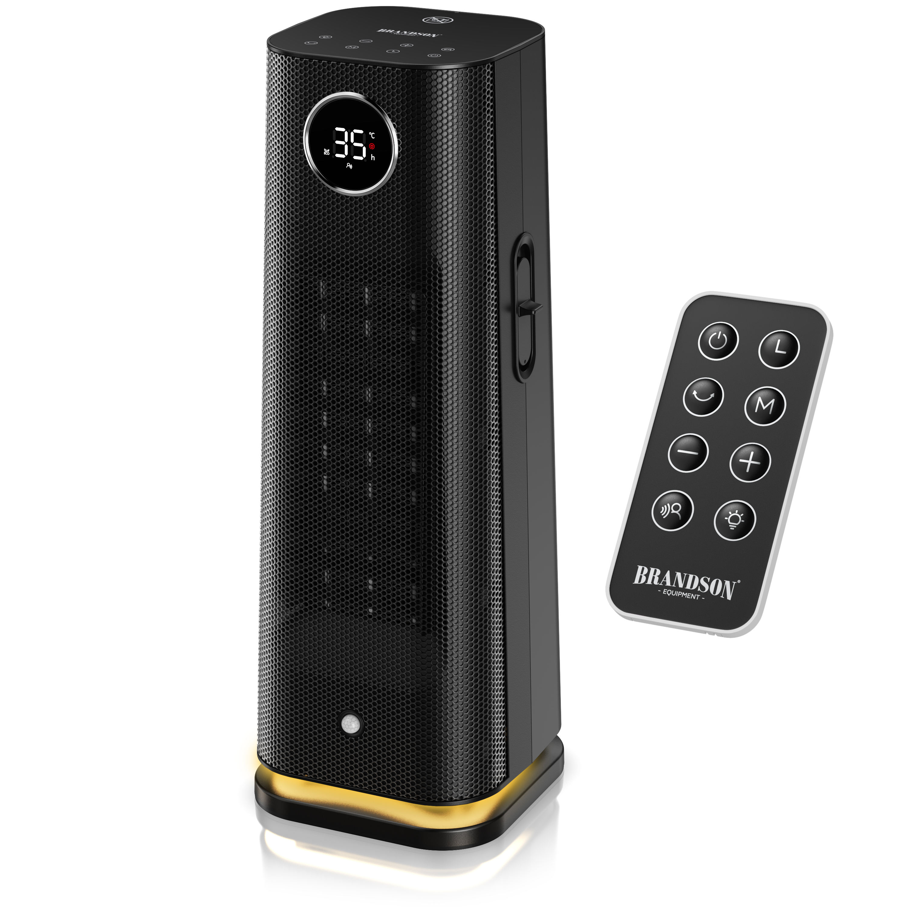 Brandson Turmventilator in Schwarz mit goldenem Sockel, mit Digitalanzeige und Fernbedienung für einfache Bedienung.