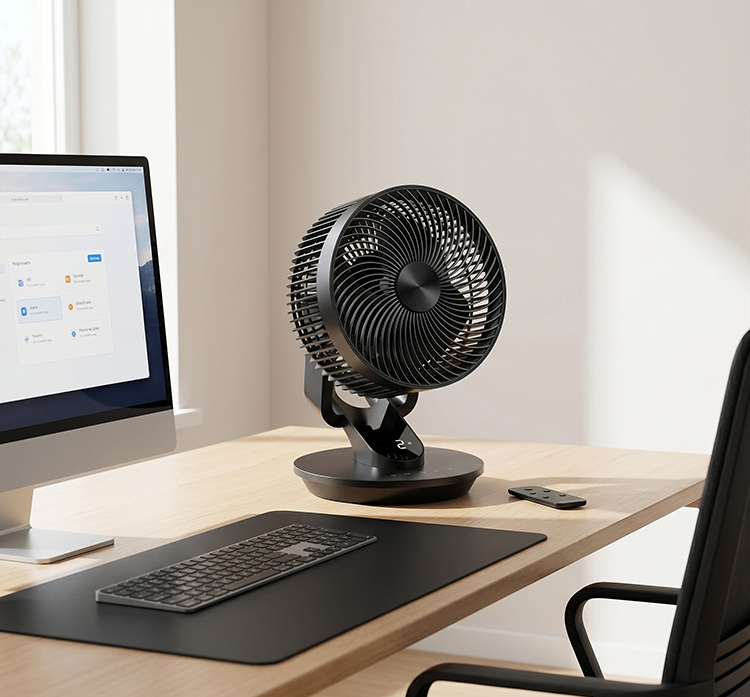 Brandson Standventilator in Schwarz mit modernem Design, drehbarem Kopf und Fernbedienung, platziert auf einem Schreibtisch neben einem Computer.