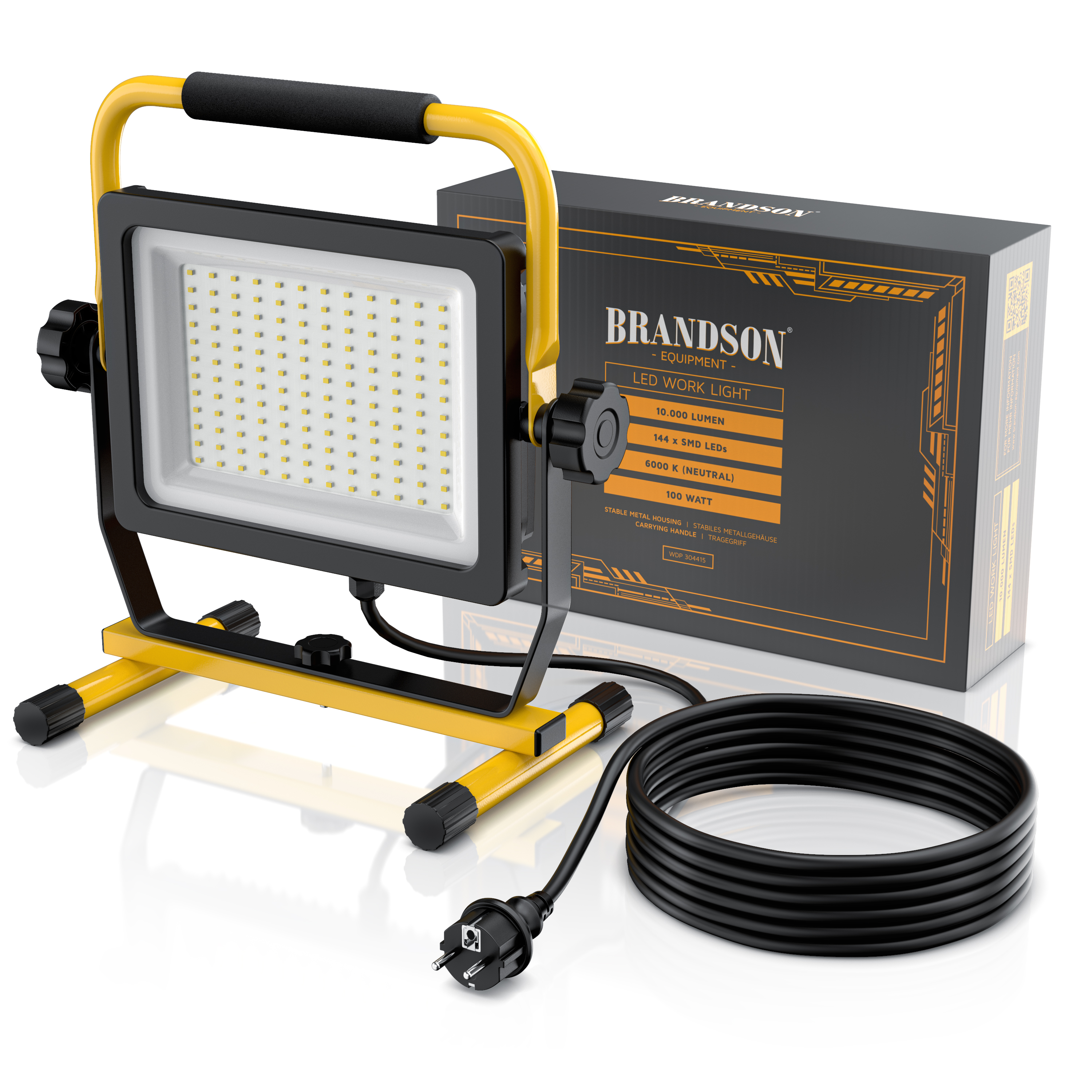 Brandson LED-Arbeitsleuchte mit stabilem Metallrahmen, schwarz-gelber Farbe, verstellbarem Ständer und Netzkabel, verpackt in einer Markenbox.