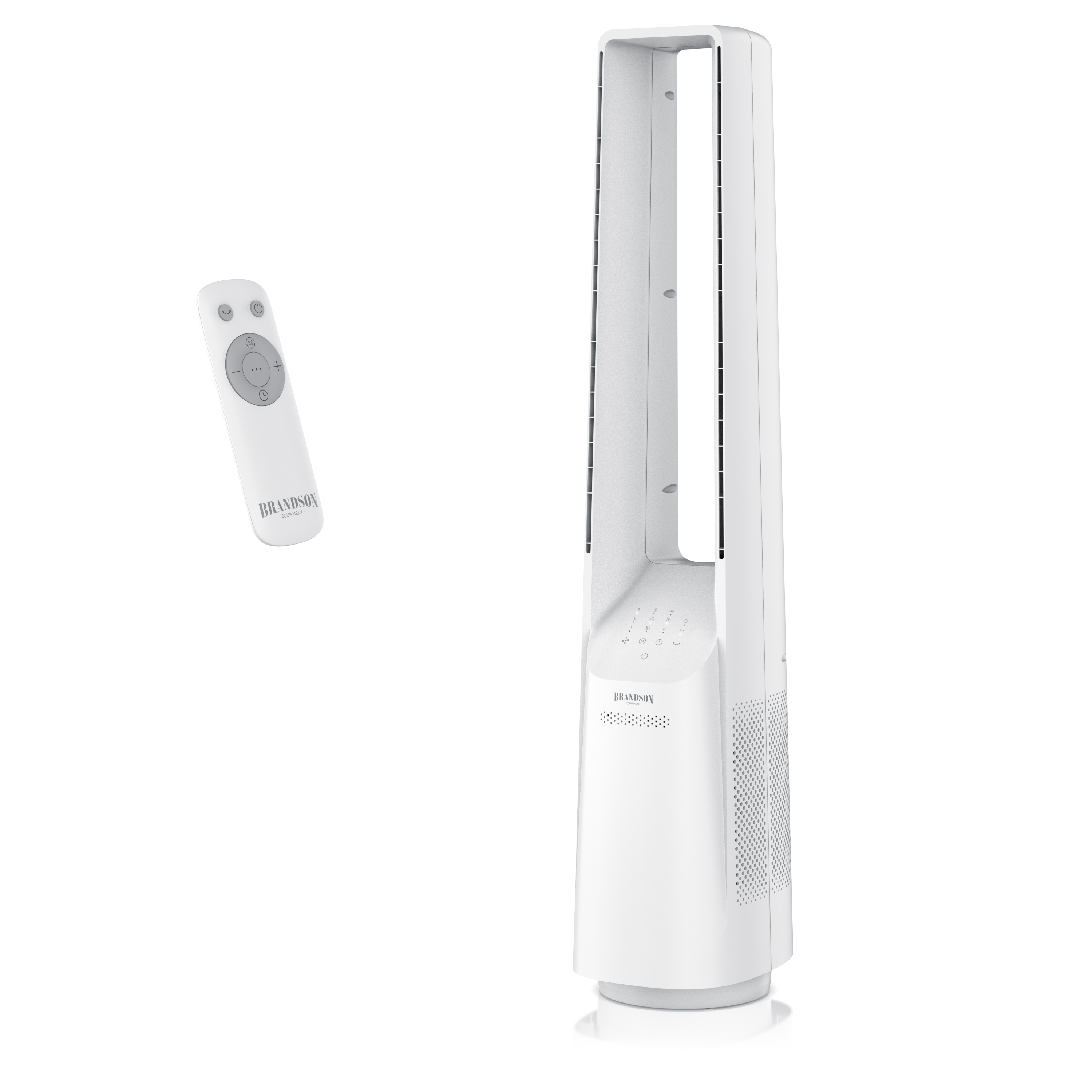 Brandson Turmventilator in Weiß mit Bedienfeld und Fernbedienung, schlankem Design und integrierten Luftauslässe.