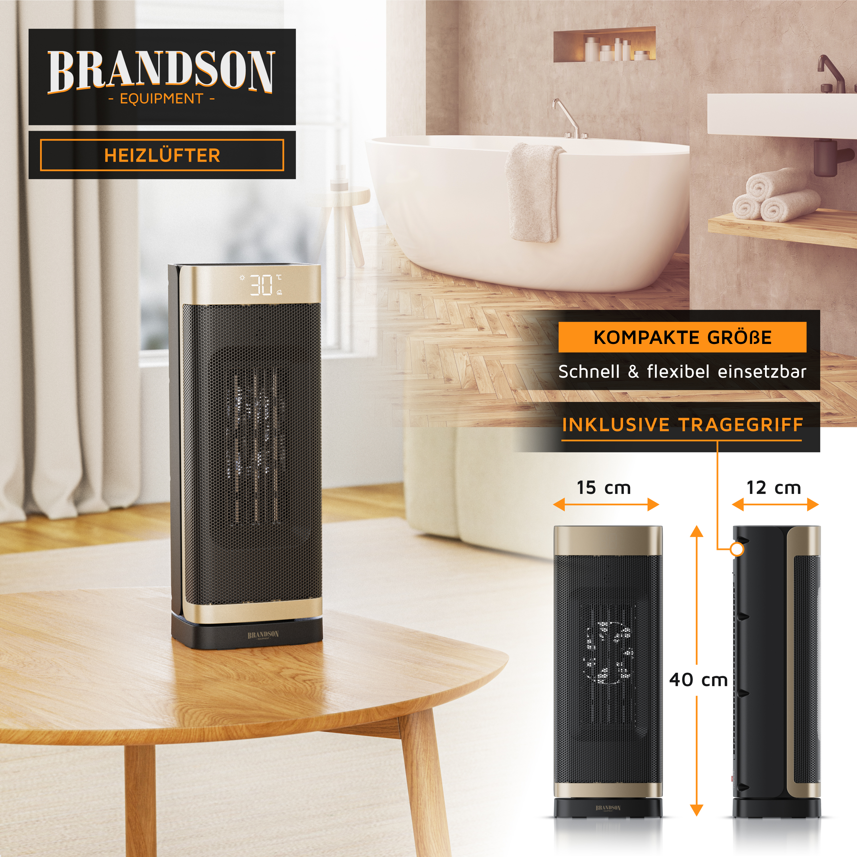 Brandson Heizlüfter in kompaktem Design mit digitalem Display und Tragegriff, ideal für den flexiblen Einsatz im Wohnraum.
