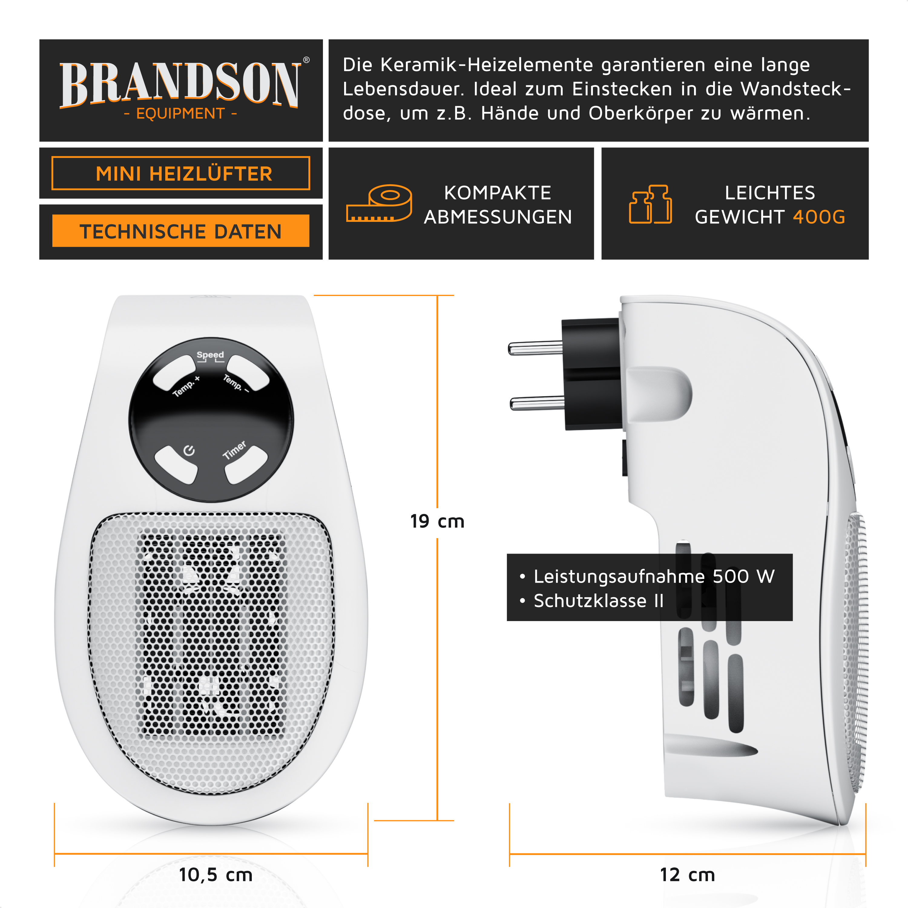 Brandson Mini Heizlüfter in Weiß mit kompaktem Design, Bedienfeld und Steckdose, ideal für die Erwärmung von Händen und Oberkörper.