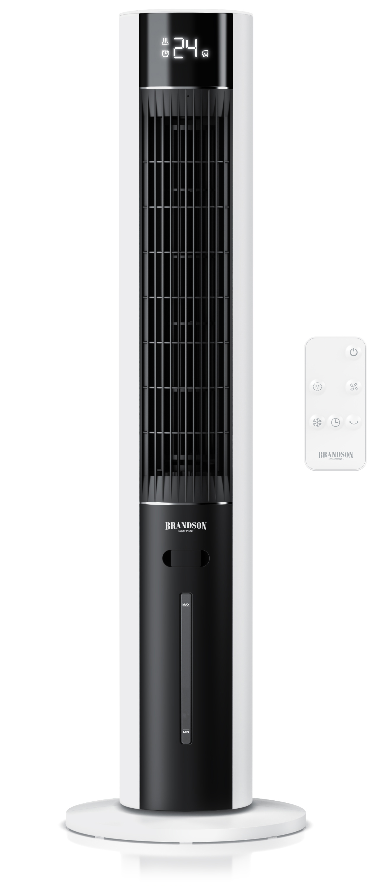 Brandson Turmventilator in Schwarz und Weiß mit Digitalanzeige und Fernbedienung, konzipiert für eine effiziente Luftzirkulation.