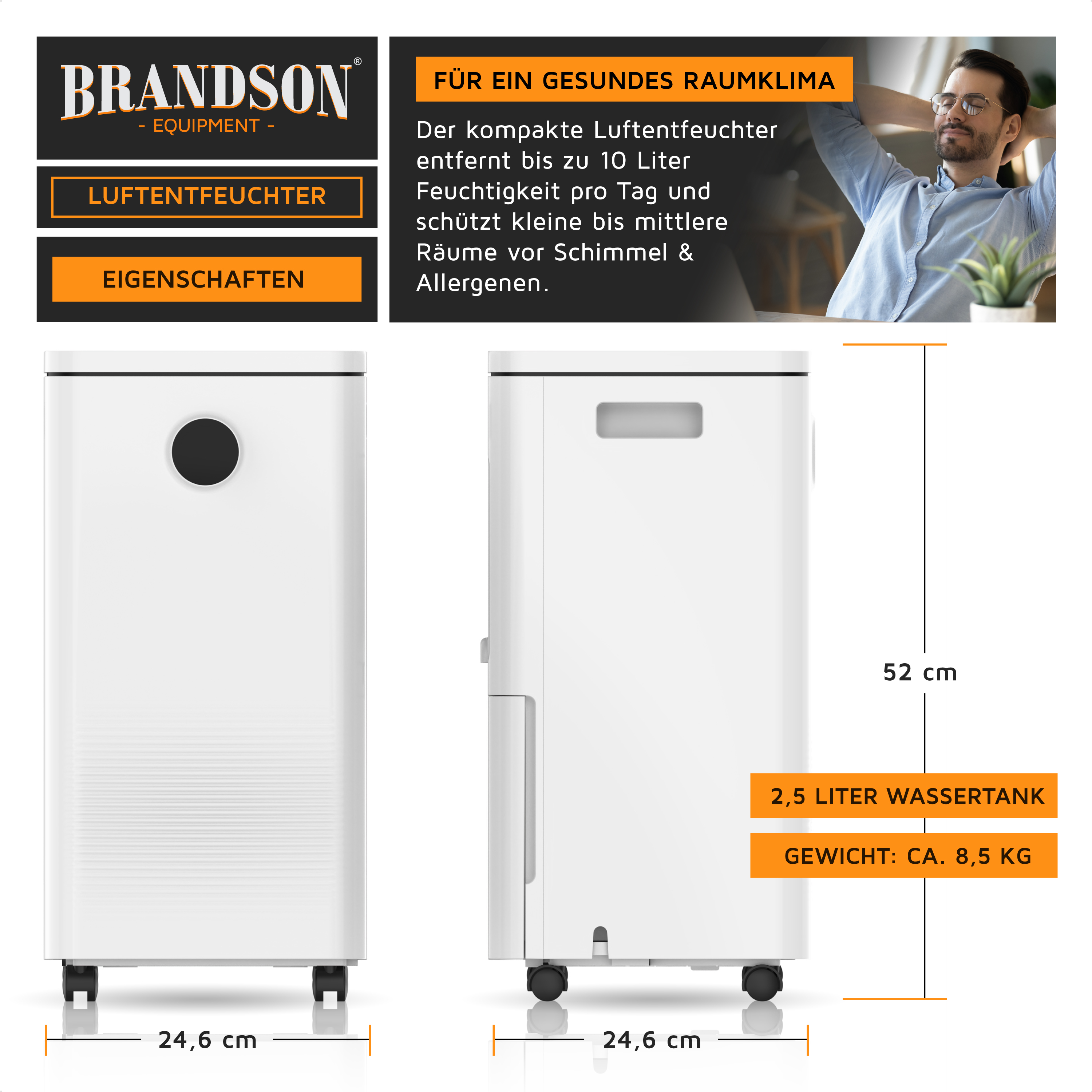 Brandson Luftentfeuchter in Weiß mit runder Öffnung, Rollen und seitlichem Griff, ideal für kleine bis mittlere Räume.