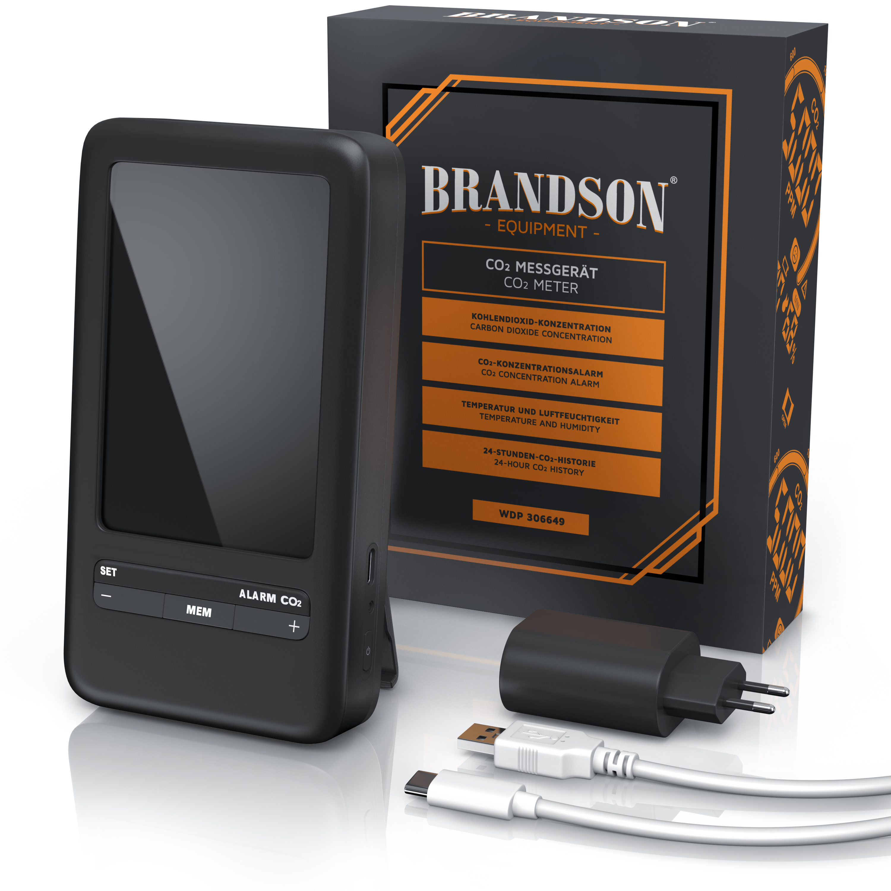 Brandson CO2-Messgerät mit schwarzem Gehäuse, großem Display, Bedientasten und mitgeliefertem USB-Kabel und Ladegerät, verpackt in einer Markenbox.