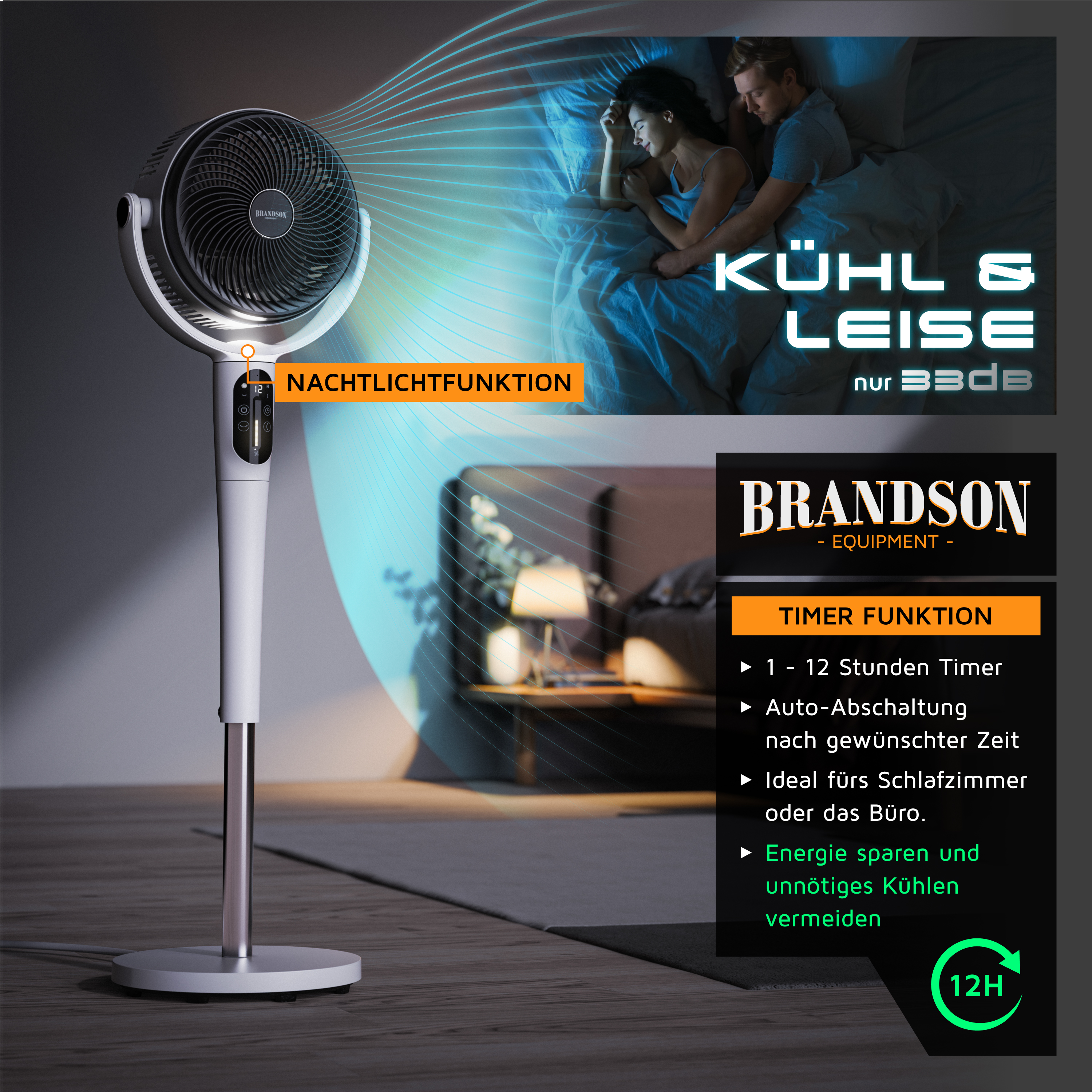 Standventilator von Brandson mit elegantem Design, weißer Farbe, Fernbedienung und Timer-Funktion, ideal für Schlafzimmer oder Büros.