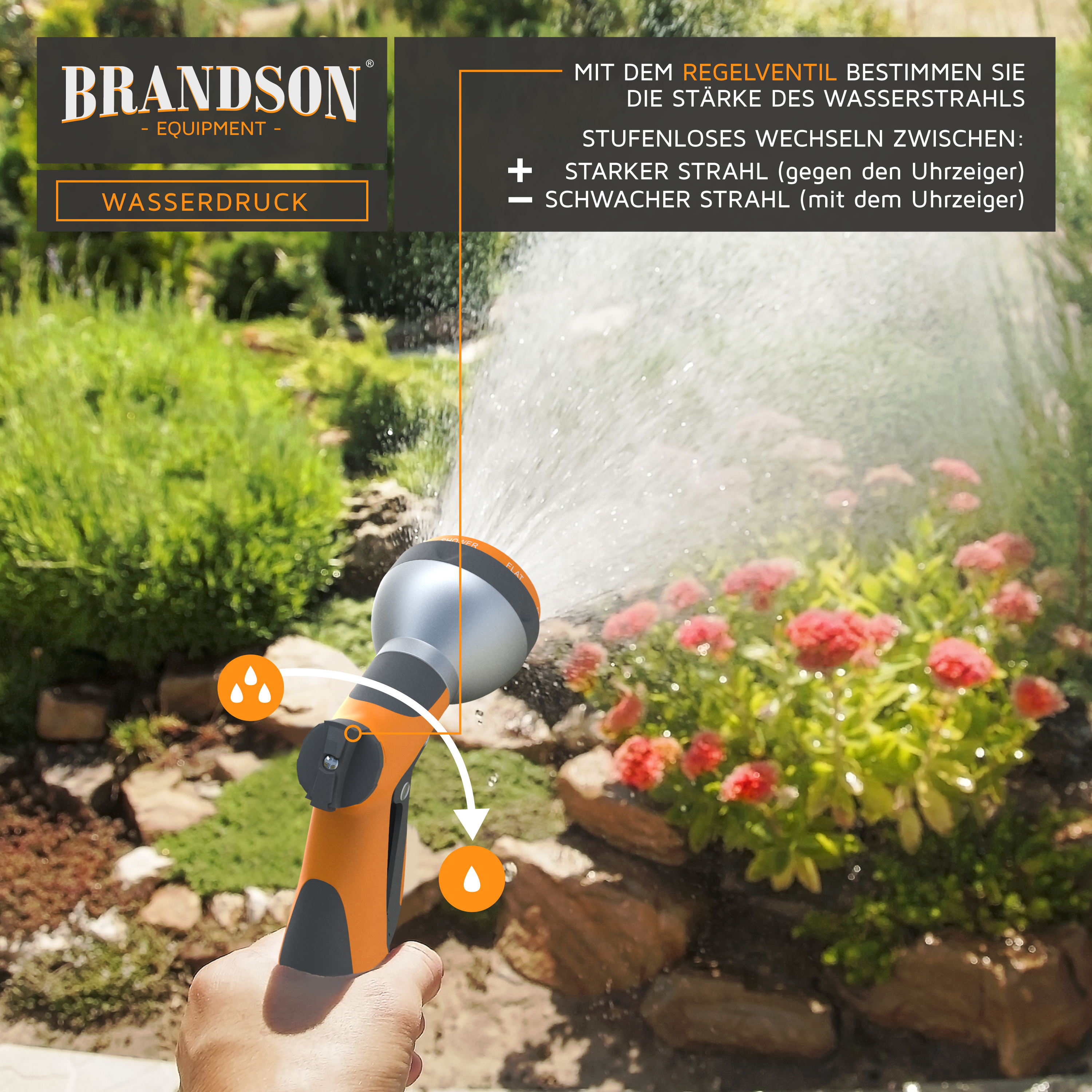 Brandson Wasserpistole mit Regelventil zur Anpassung des Wasserstrahls, orange und silber, in Nutzung im Garten.