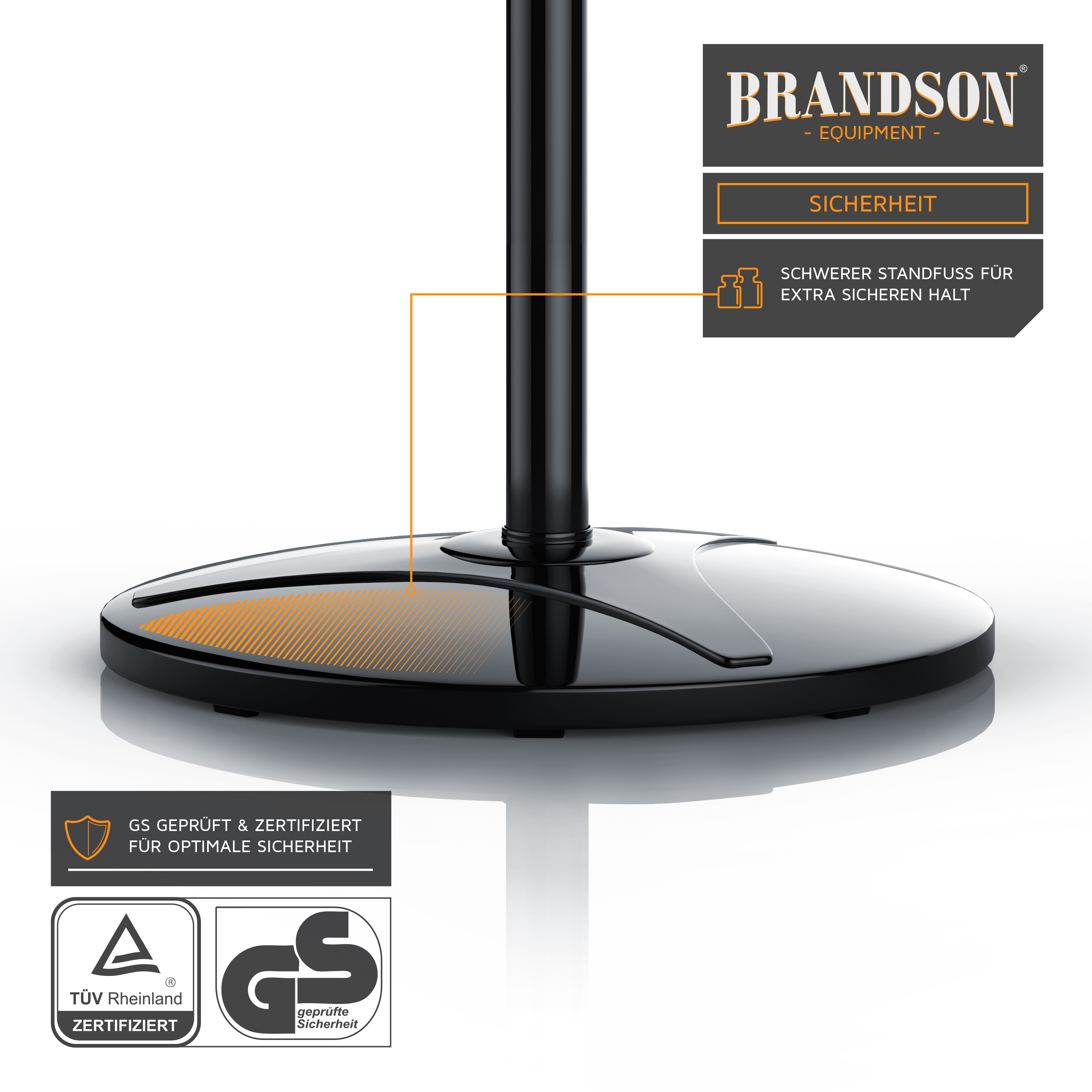 Standventilator von Brandson mit schwerem Sockel für zusätzliche Stabilität, elegantem schwarzem Design und moderner Ästhetik.