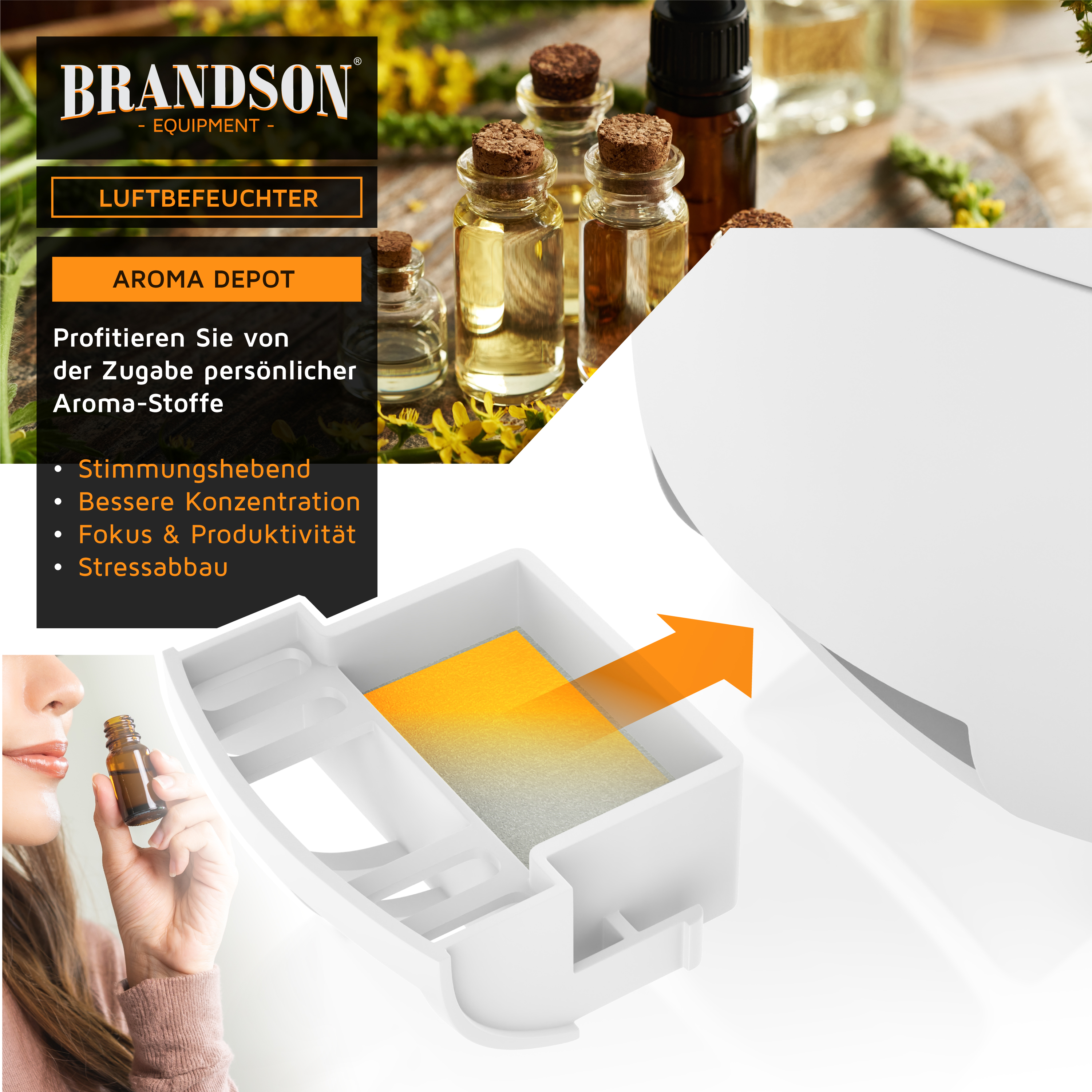 Brandson Luftbefeuchter mit Aroma Depot zur Zugabe von ätherischen Ölen, in weißem Design, ideal für eine angenehme Raumatmosphäre.
