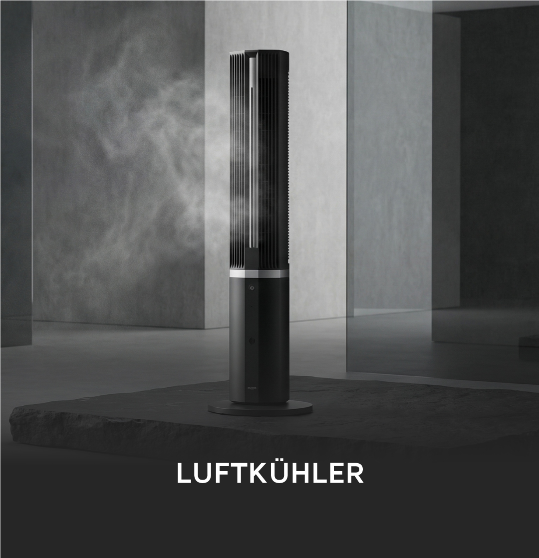 Brandson Luftkühler in schlanker, schwarzer Bauform mit vertikalen Lüftungsschlitzen und einem stabilen Standfuß.