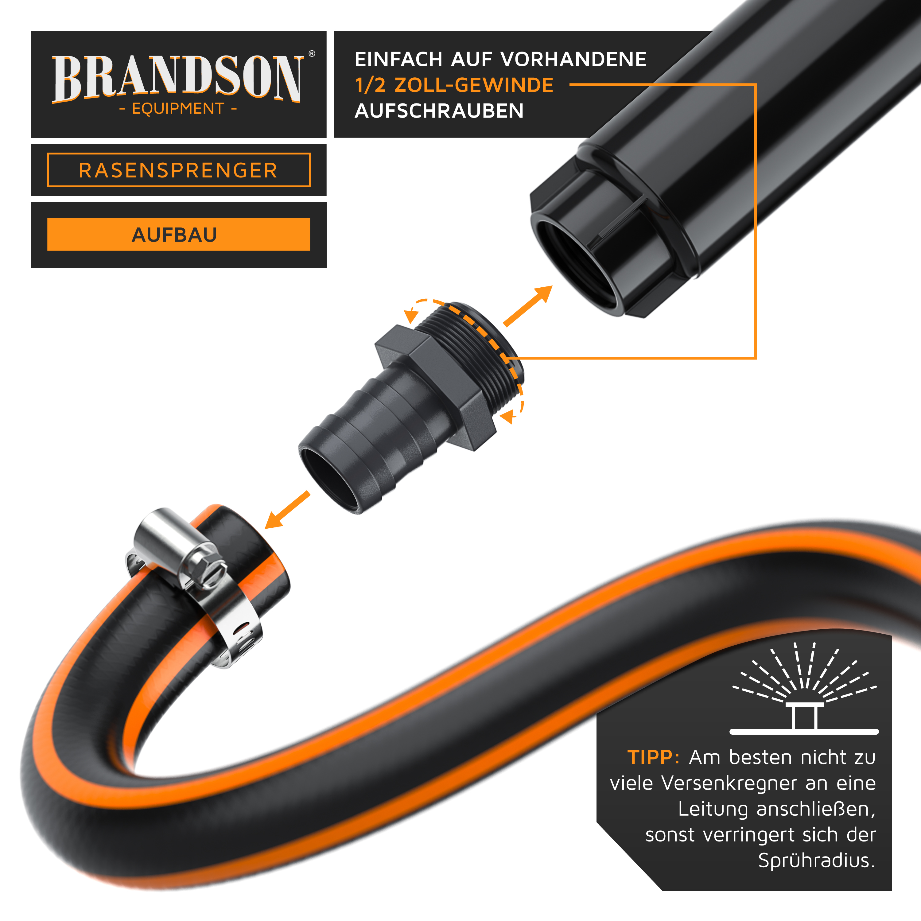 Brandson Rasensprenger mit schwarzem Schlauch und orangefarbenen Akzenten, ausgestattet mit einem 1/2 Zoll-Gewinde für einfache Montage.