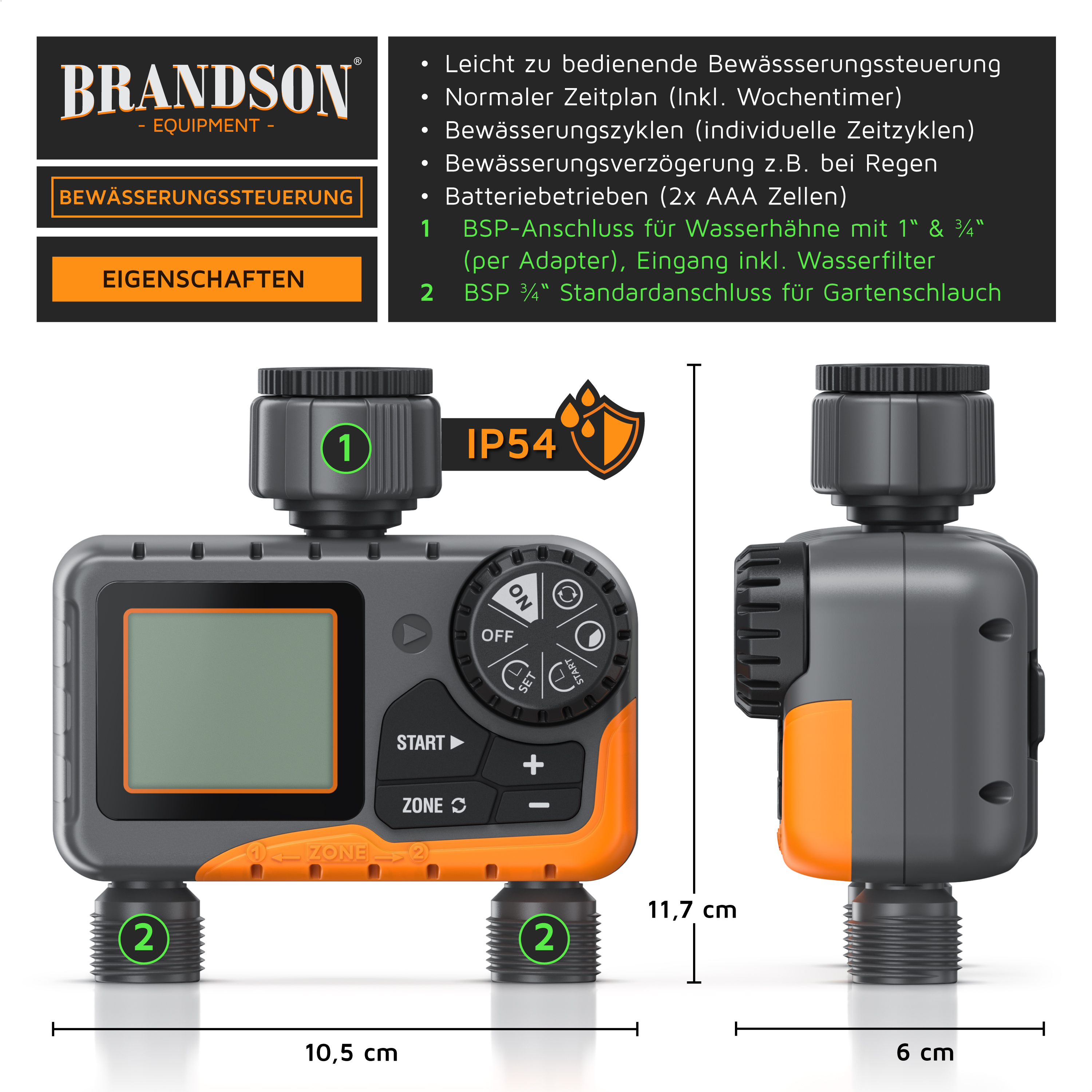 Brandson Bewässerungssteuerung mit digitalem Display, Bedienfeld, IP54-Schutz und zwei Anschlussmöglichkeiten für Gartenschläuche.