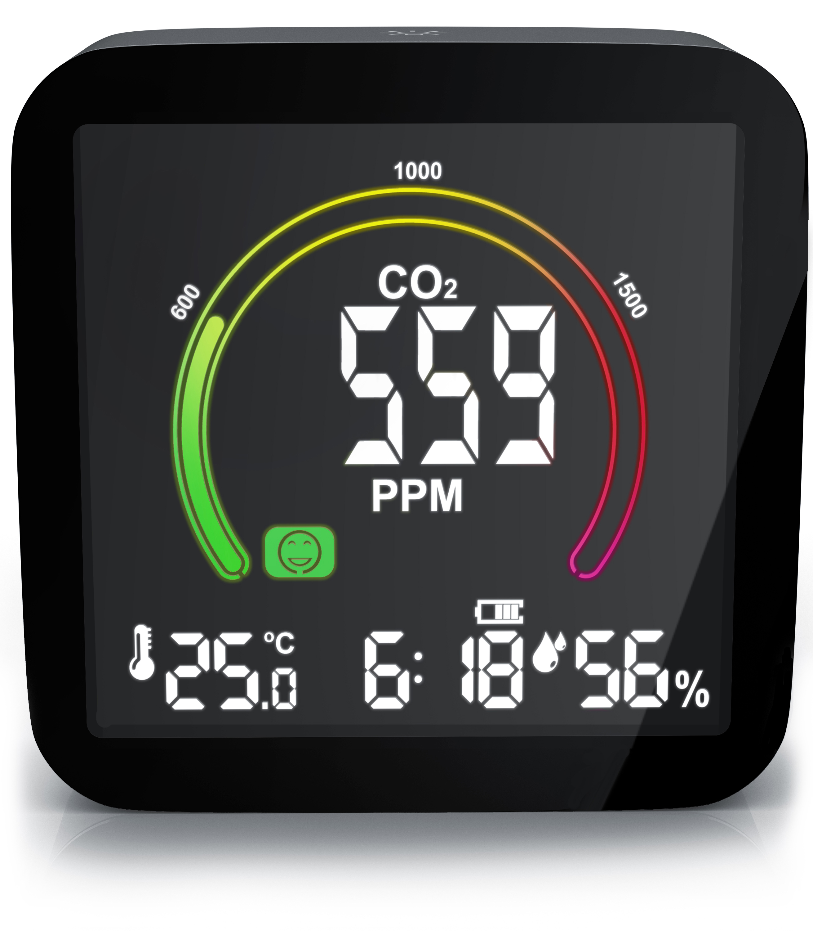 Brandson CO2-Messgerät mit digitalem Display, zeigt CO2-Werte, Temperatur und Luftfeuchtigkeit an, kompakte Bauform in Schwarz.