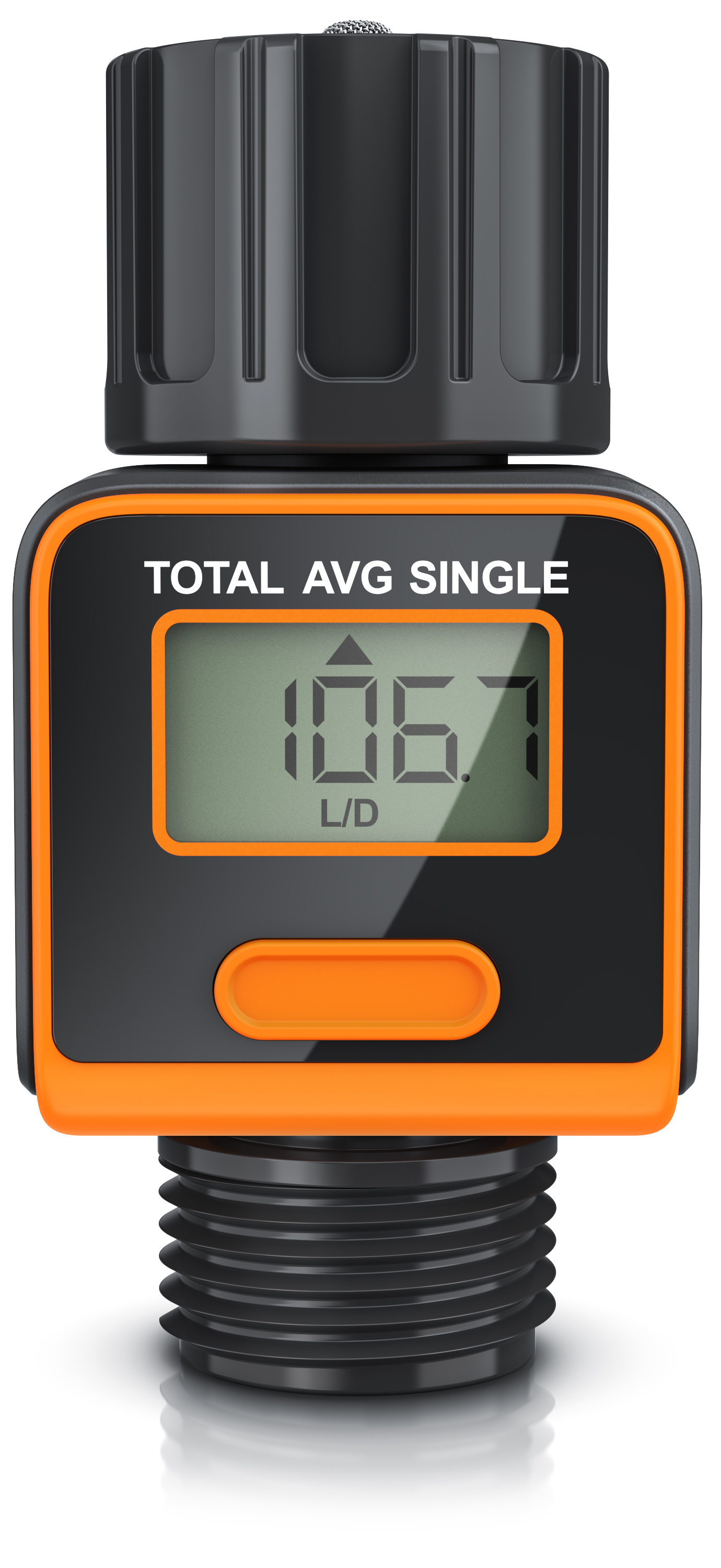 Digitaler Durchflussmesser von Brandson im schwarz-orangen Design, mit klarem Display und einem Gewindeanschluss für eine einfache Installation.