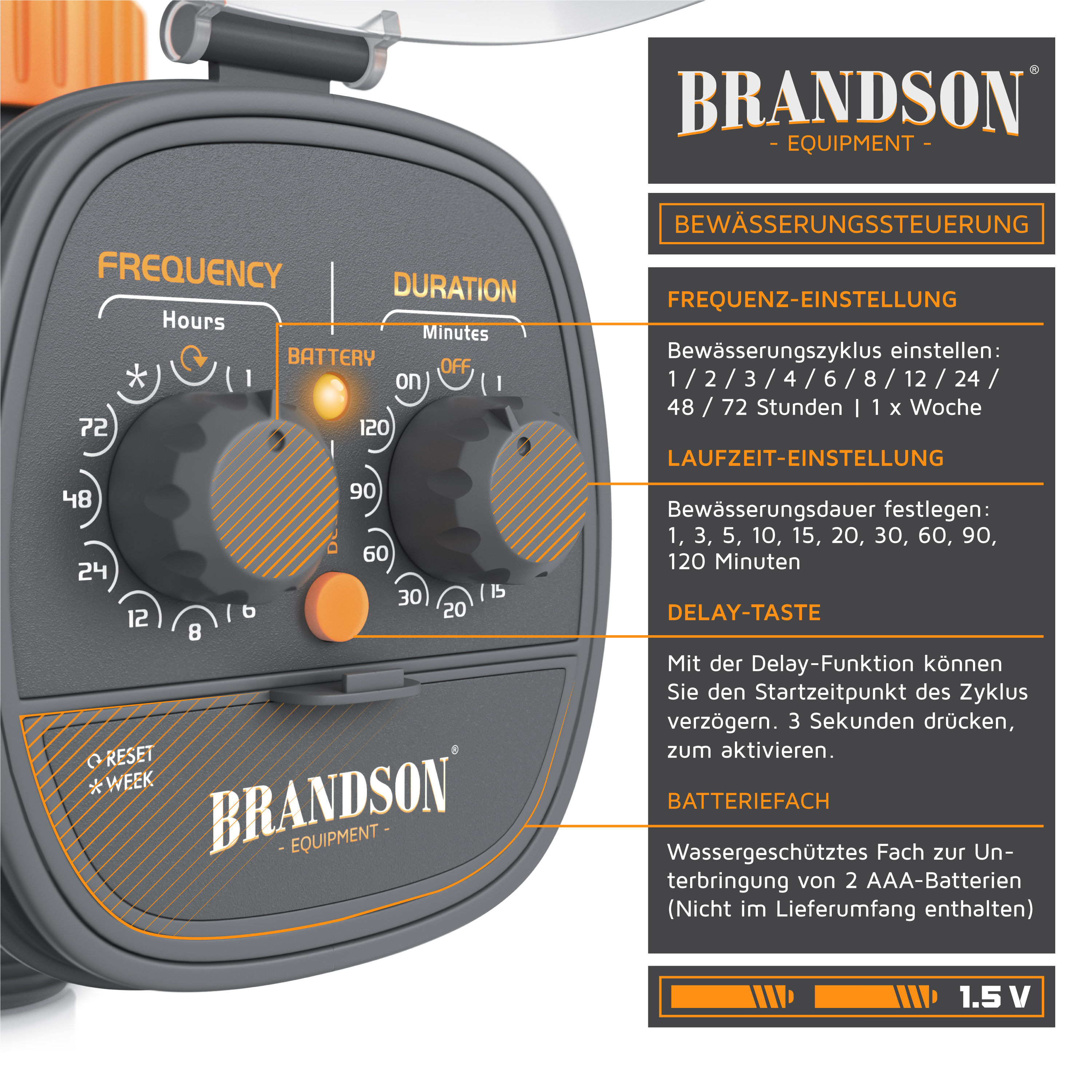 Brandson Bewässerungssteuerung mit zwei Einstellknöpfen für Frequenz und Dauer, orangefarbene Akzente, batteriebetrieben.