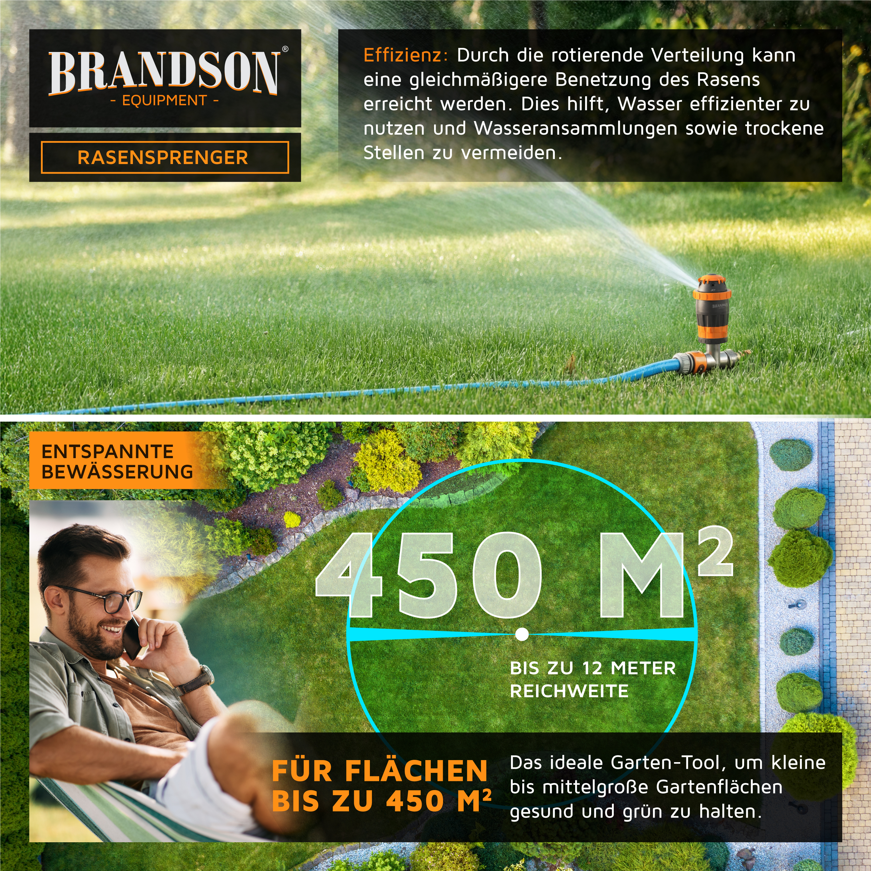 Brandson Rasensprenger mit rotierender Verteilung für gleichmäßige Bewässerung, geeignet für Flächen bis zu 450 m².