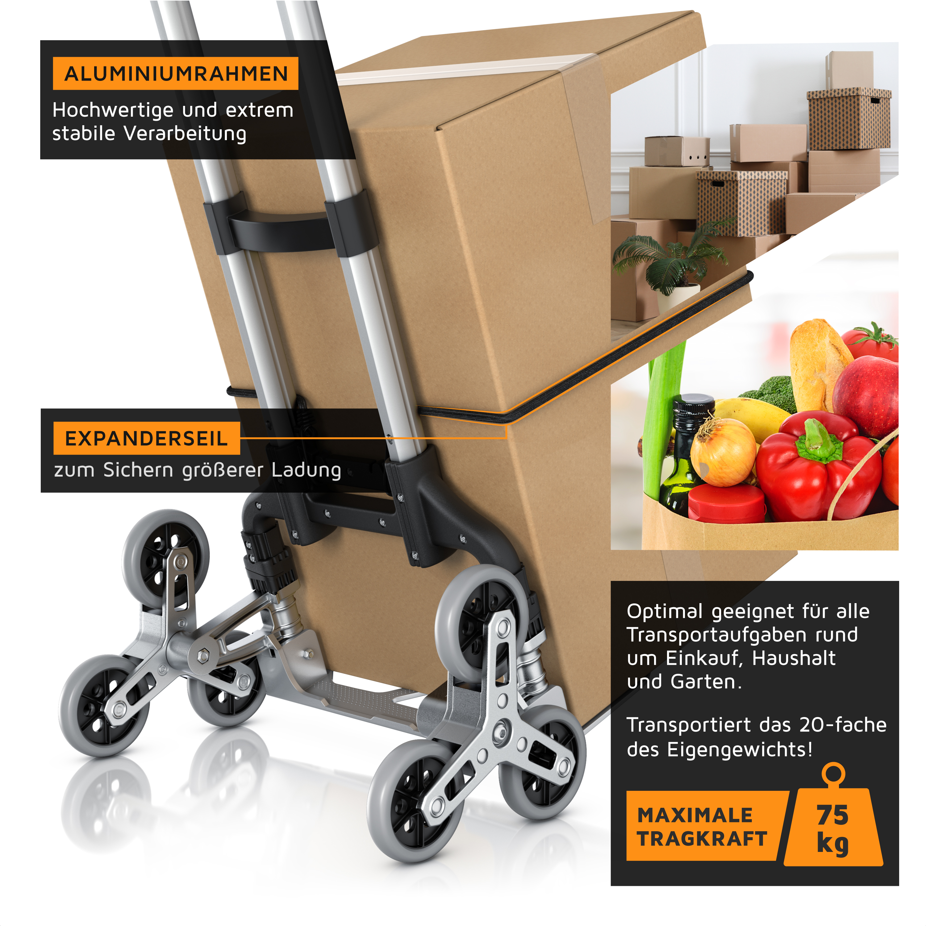 Brandson Handwagen mit Aluminiumrahmen und Expanderseil zur Sicherung von Ladungen, ideal für den Transport von alternativen.