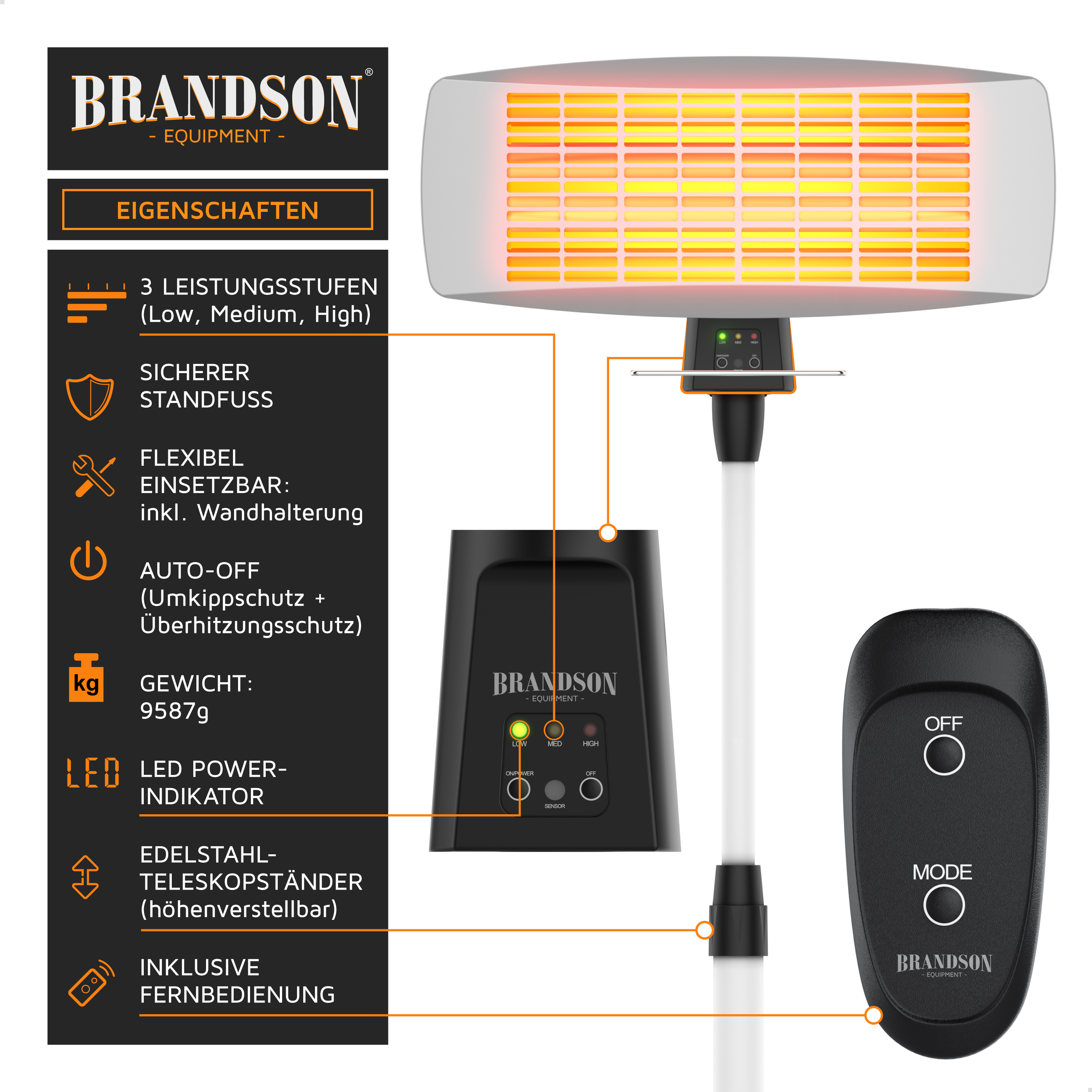 Brandson-Heizgerät mit schlankem Design, einstellbarer Höhe, LED-Betriebsanzeige und Fernbedienung für eine bequeme Bedienung.