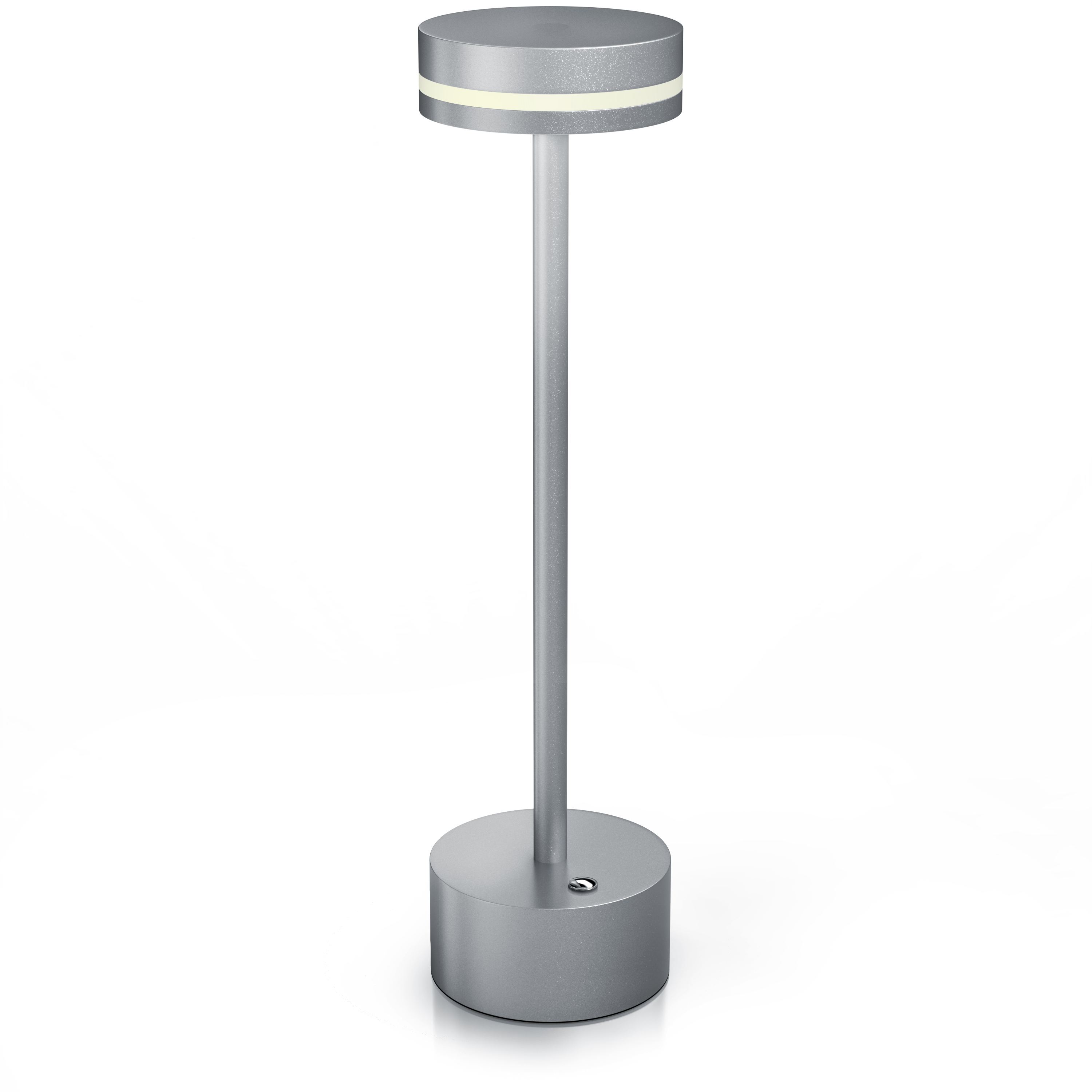 Brandson Tischlampe in silberner Metalloptik mit runder Basis und schmalem Standfuß, ausgestattet mit einem LED-Ring.