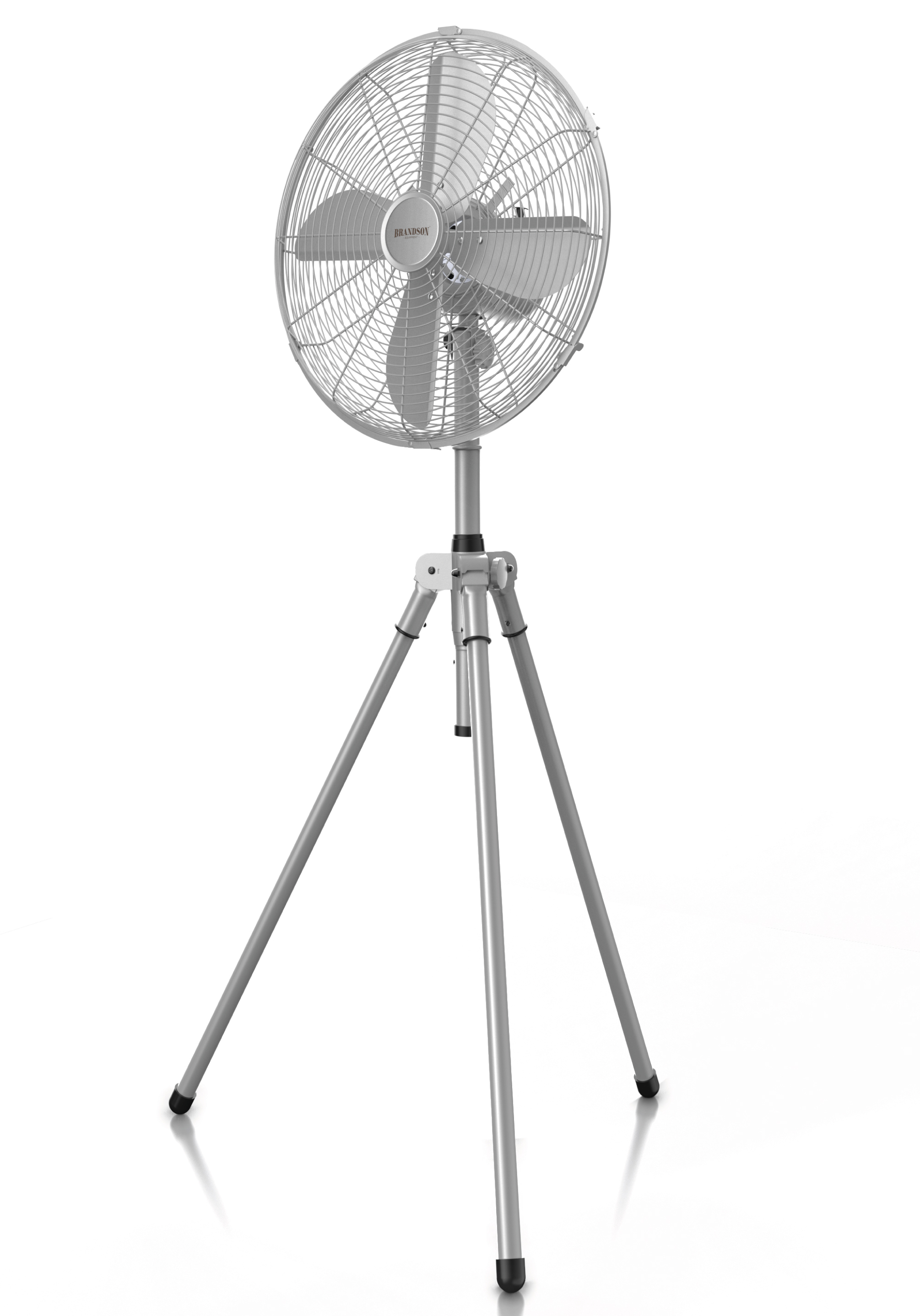 Standventilator von Brandson mit silbernem Stativfuß und großem Metallgitter, höhenverstellbar und schlankem Design.