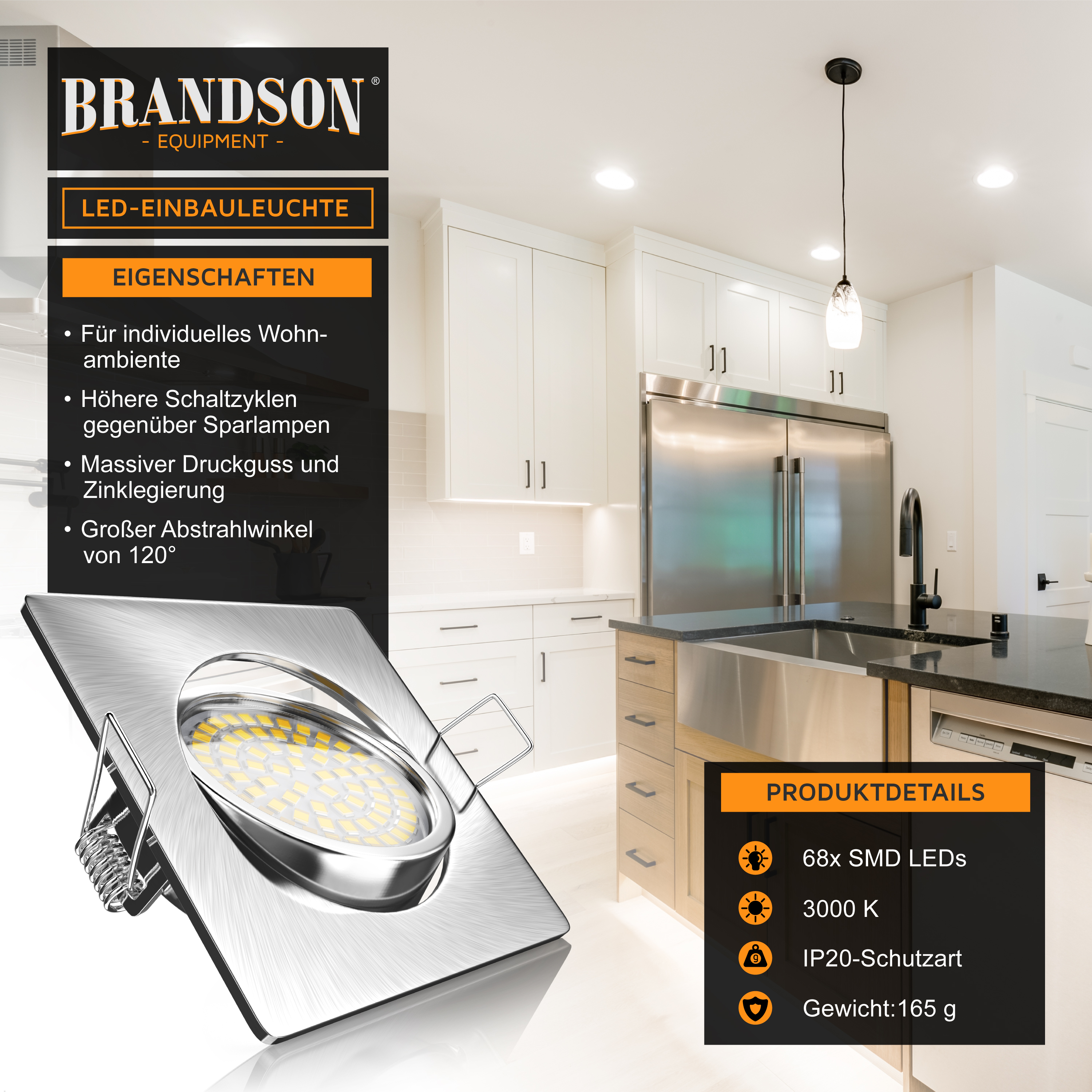 Brandson LED-Deckenleuchte mit elegantem Edelstahldesign und breitem Abstrahlwinkel, geeignet für moderne Küchenumgebungen.