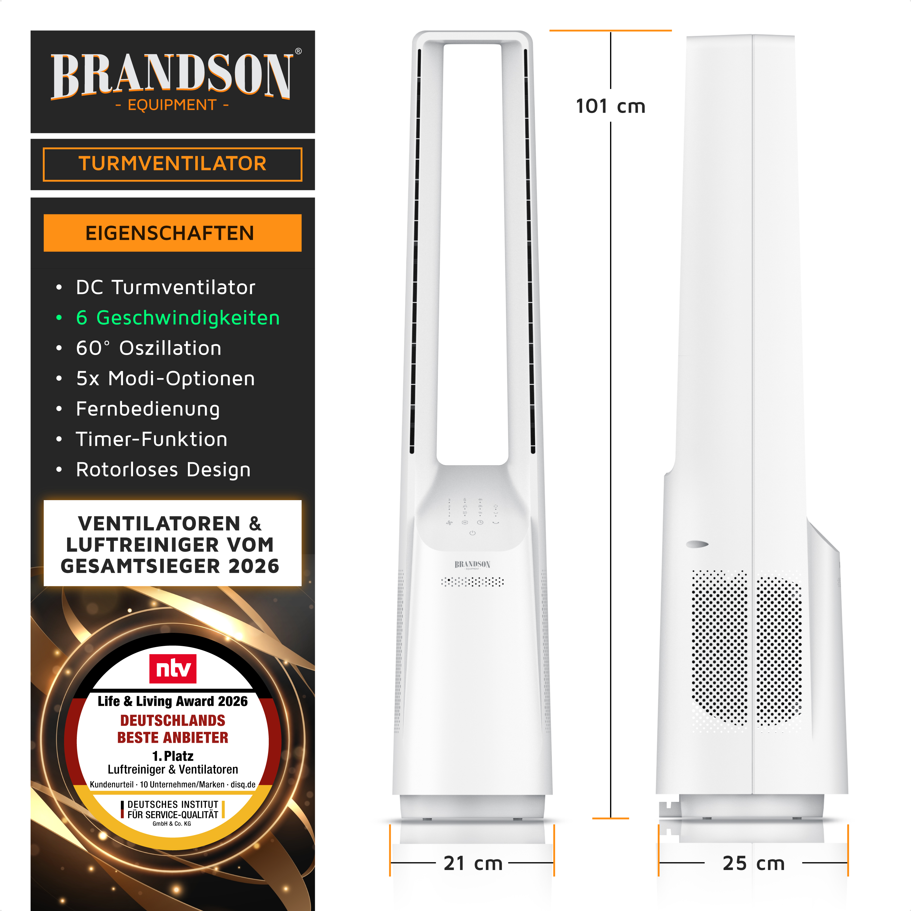 Brandson Turmventilator in Weiß mit rotlosem Design, Bedienfeld und Fernbedienung, ideal für die Kühlung von Wohnräumen.