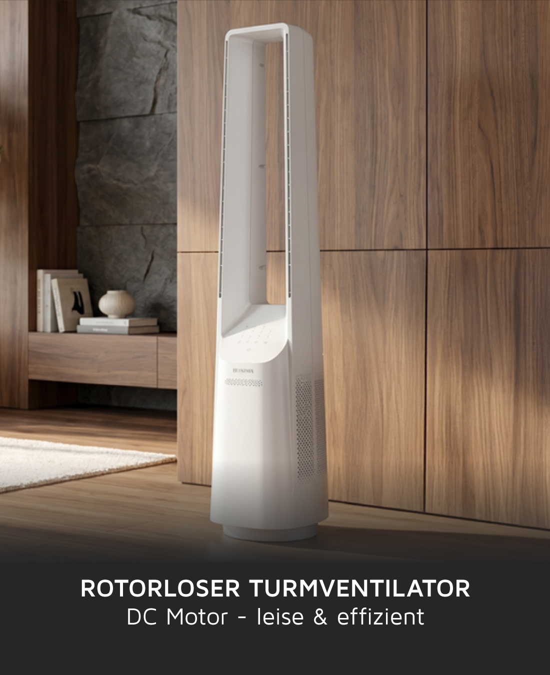 Brandson Turmventilator in Weiß mit elegantem Design, Bedienfeld und stabilem Sockel, platziert in einem modernen Wohnzimmer.