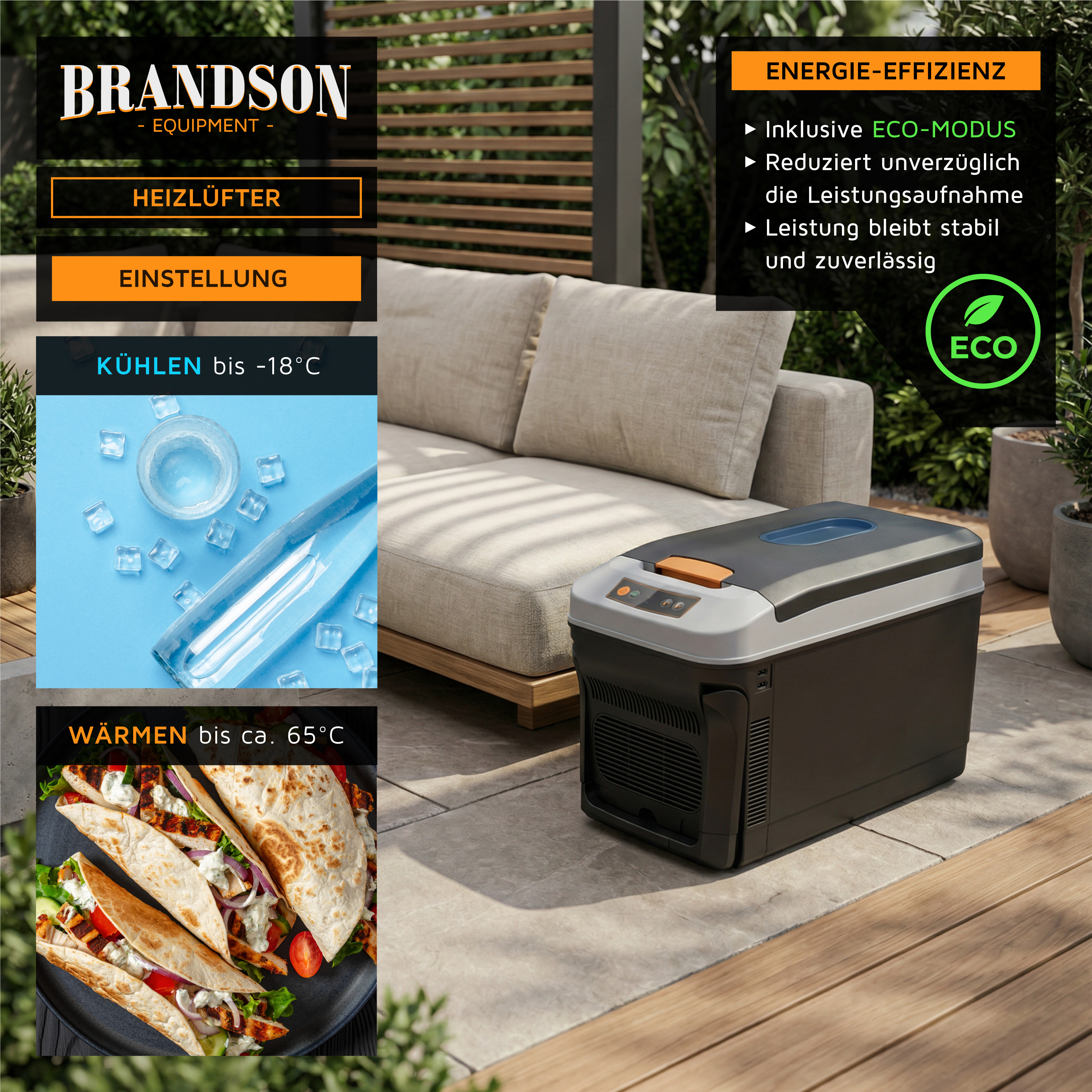 Brandson Heizlüfter in Schwarz mit orangefarbenem Griff und Bedienfeld, geeignet zum Kühlen und Heizen, platziert auf einer Terrasse.