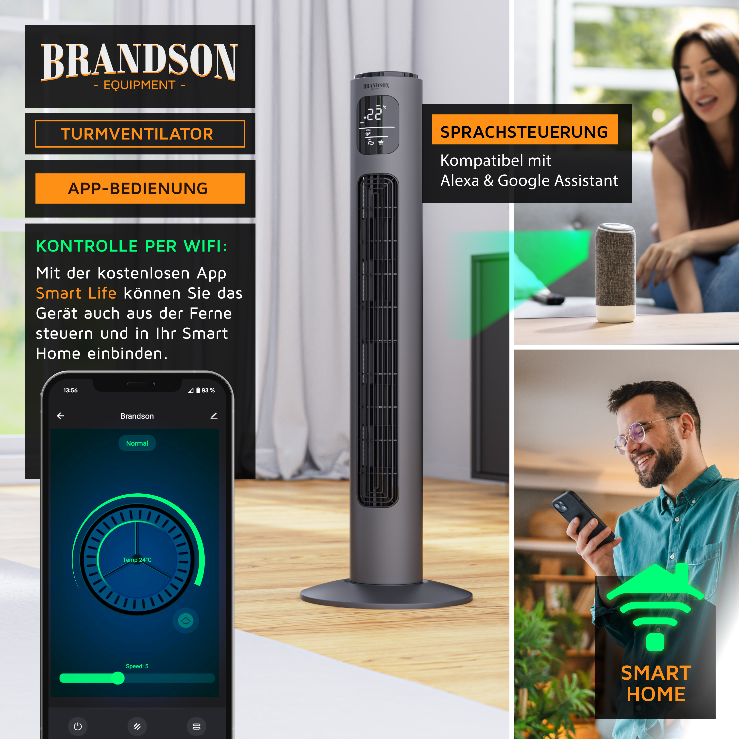 Brandson Turmventilator in Schwarz mit digitalem Display, App-Bedienung und WLAN-Kontrolle, ideal für Smart Home Anwendungen.