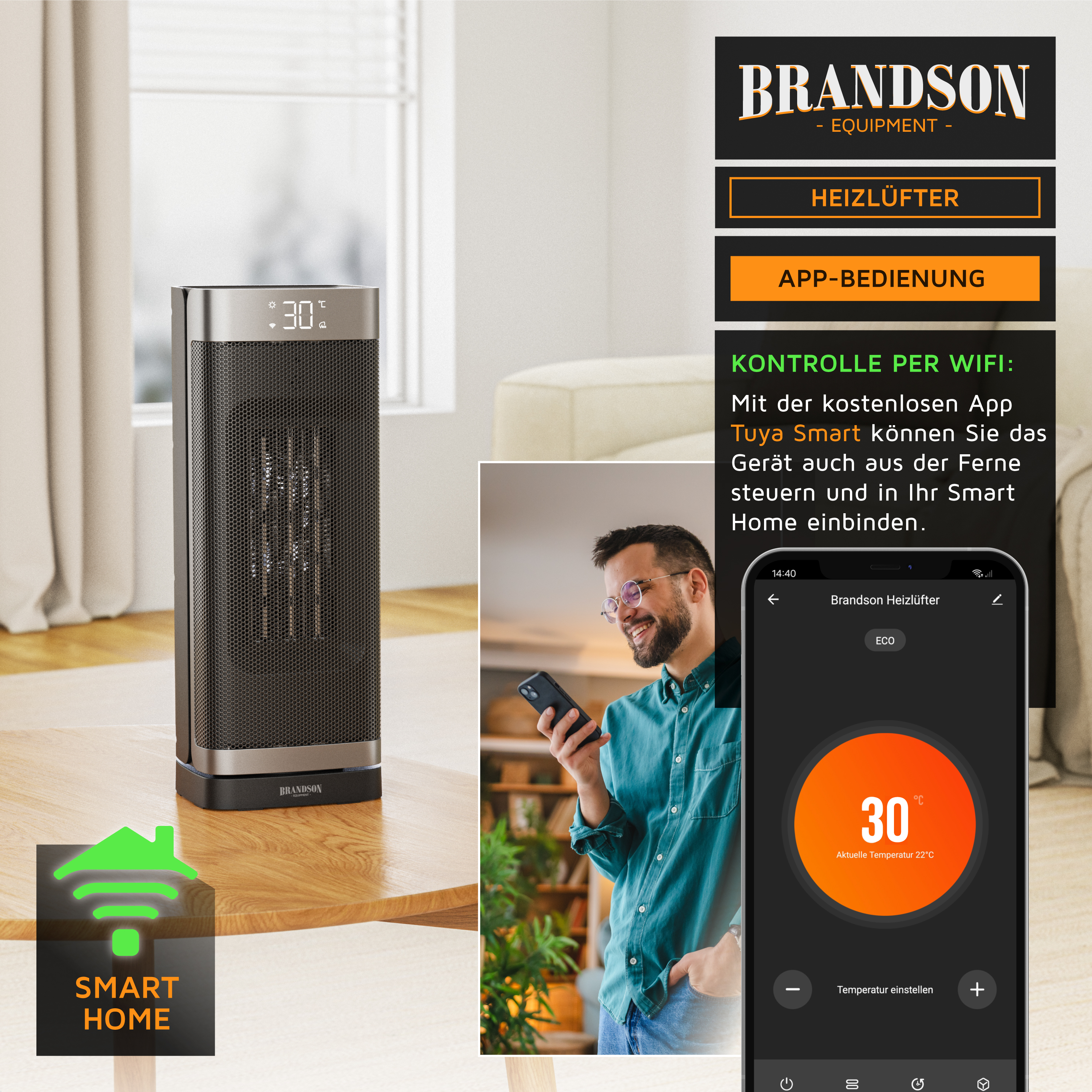 Brandson Heizlüfter im schwarzen Design mit digitalem Display und App-Steuerung, auf einem Tisch in einem modernen Raum platziert.