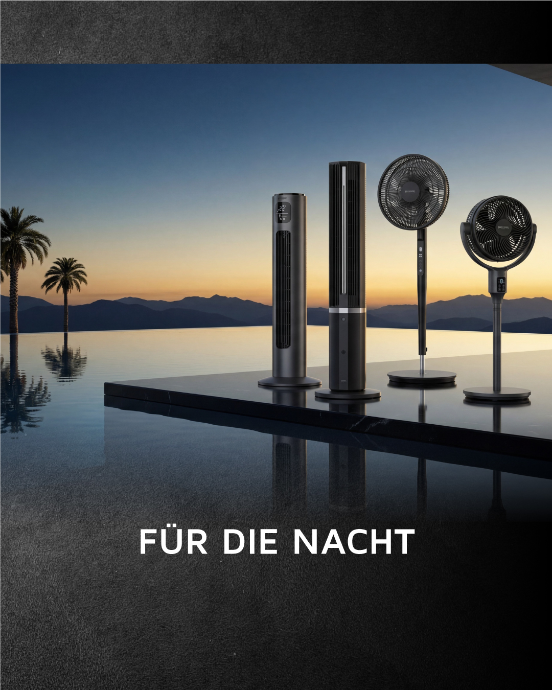 Brandson Turmventilatoren und Standventilatoren in verschiedenen Designs, schwarz und silber, auf einer Terrasse mit Blick auf einen Pool bei Sonnenuntergang.