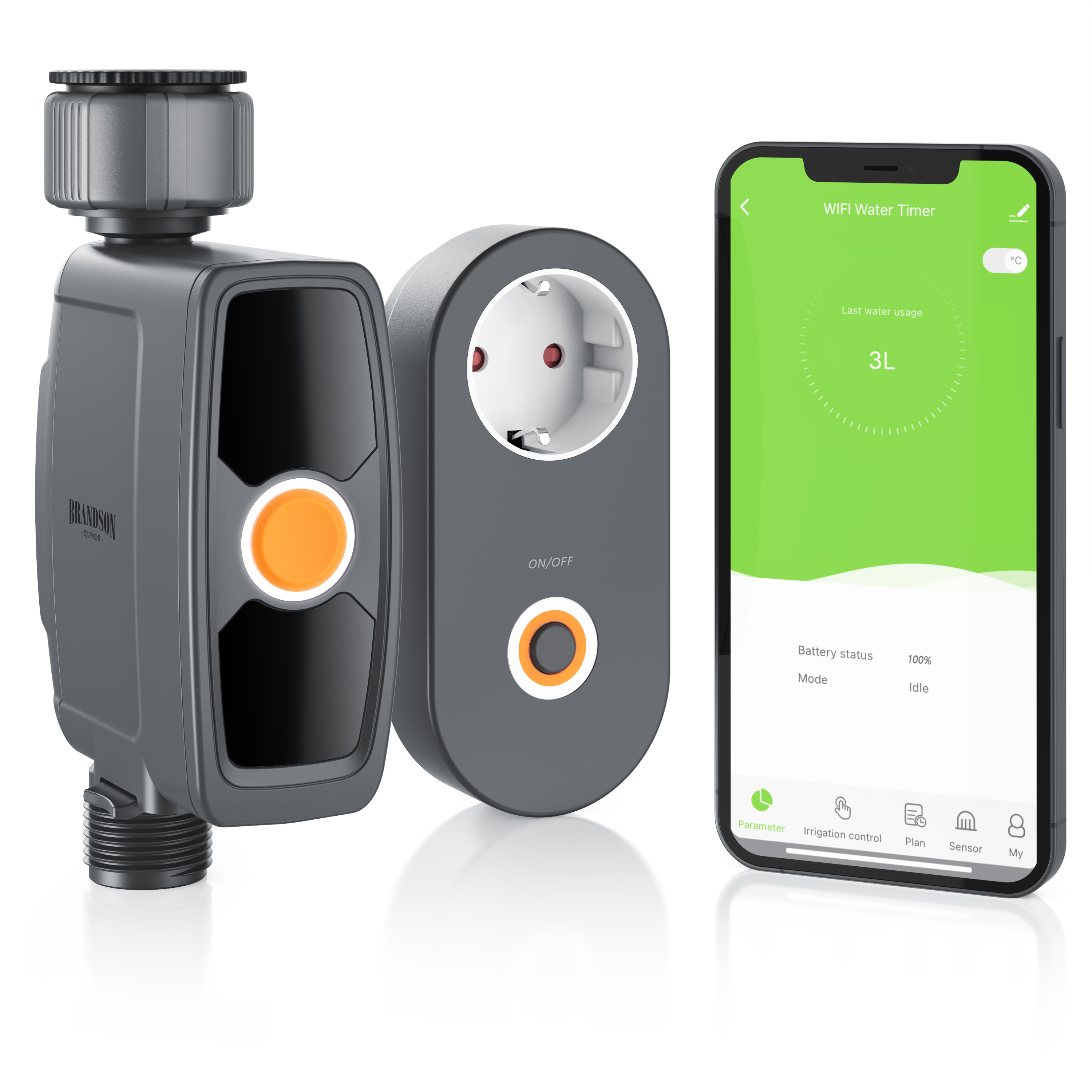 Brandson WiFi Wasseruhr mit grauem Gehäuse, ON/OFF-Taste und Smartphone-App zur Steuerung der Bewässerung.