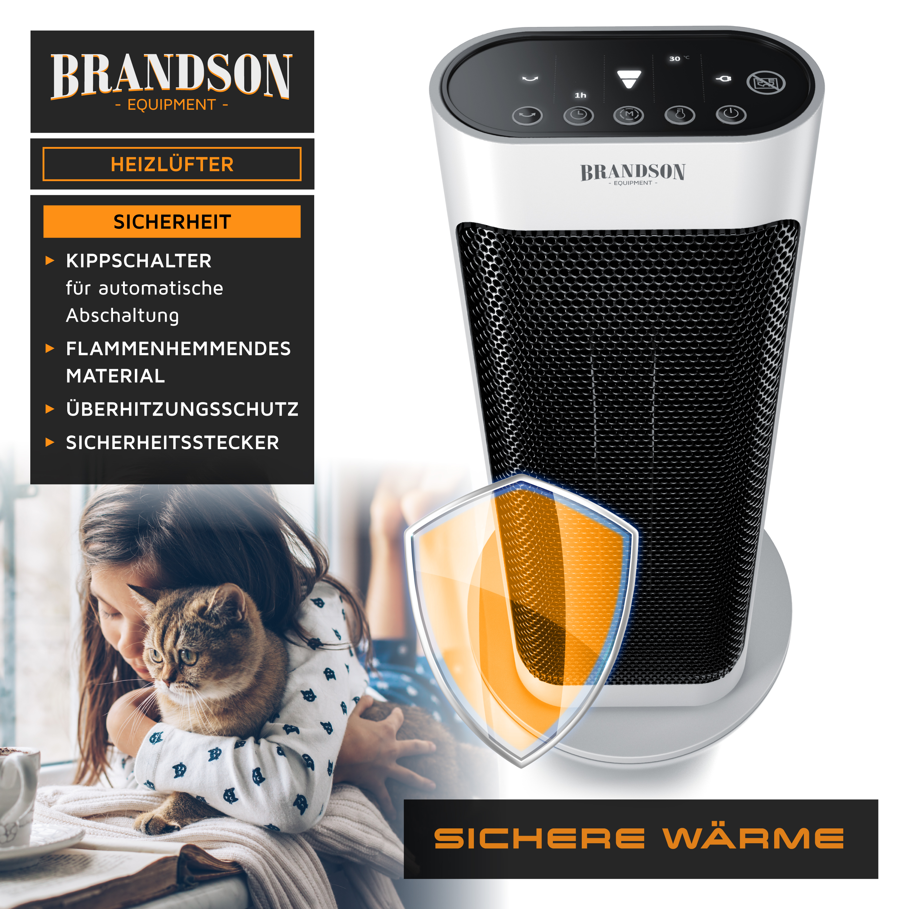 Brandson Heizlüfter in schwarzem und silbernem Design mit Bedienfeld und Sicherheitsmerkmalen wie Überhitzungsschutz.