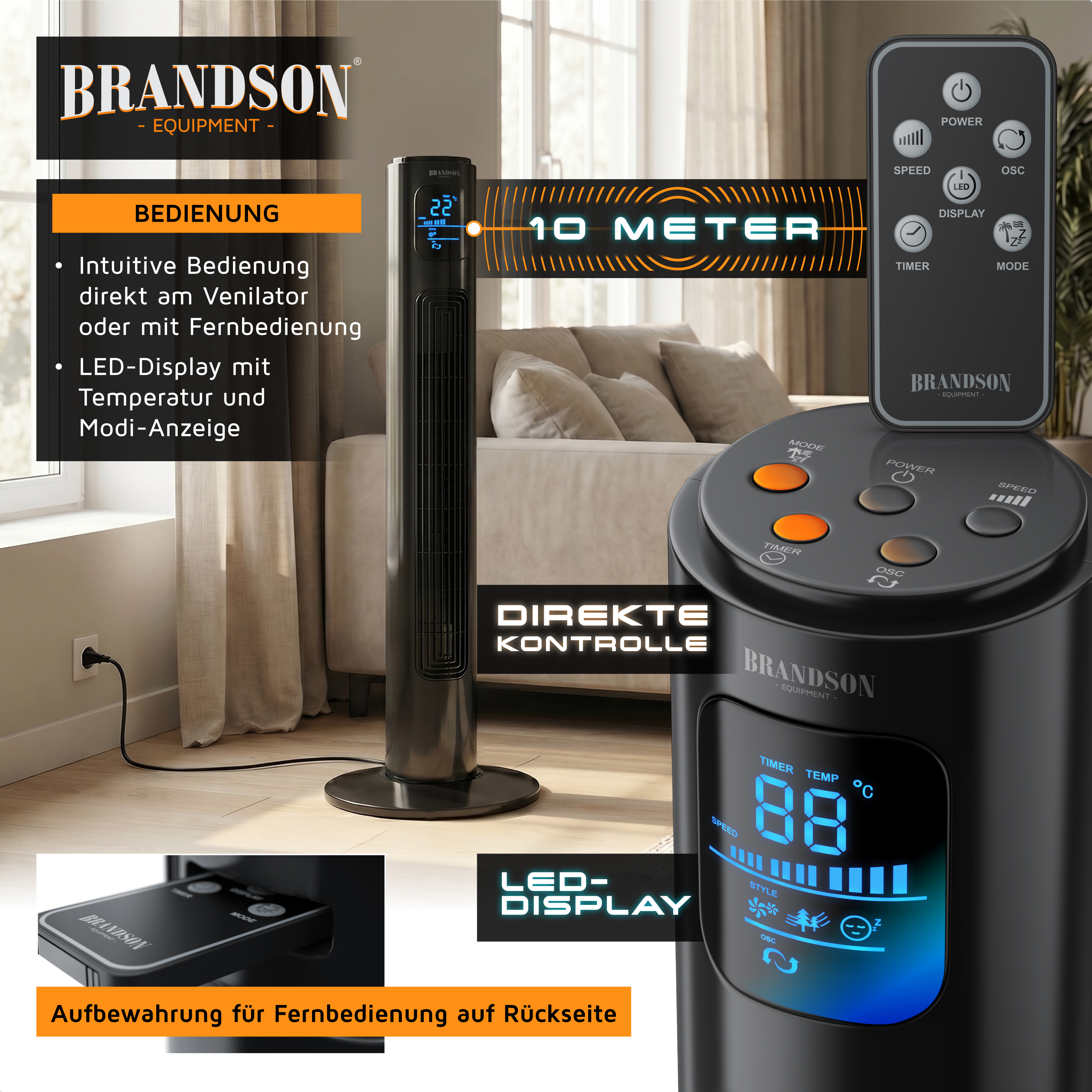 Turmventilator von Brandson mit LED-Anzeige zur Temperaturanzeige, Fernbedienung und intuitivem Bedienfeld in einem modernen Wohnzimmer.