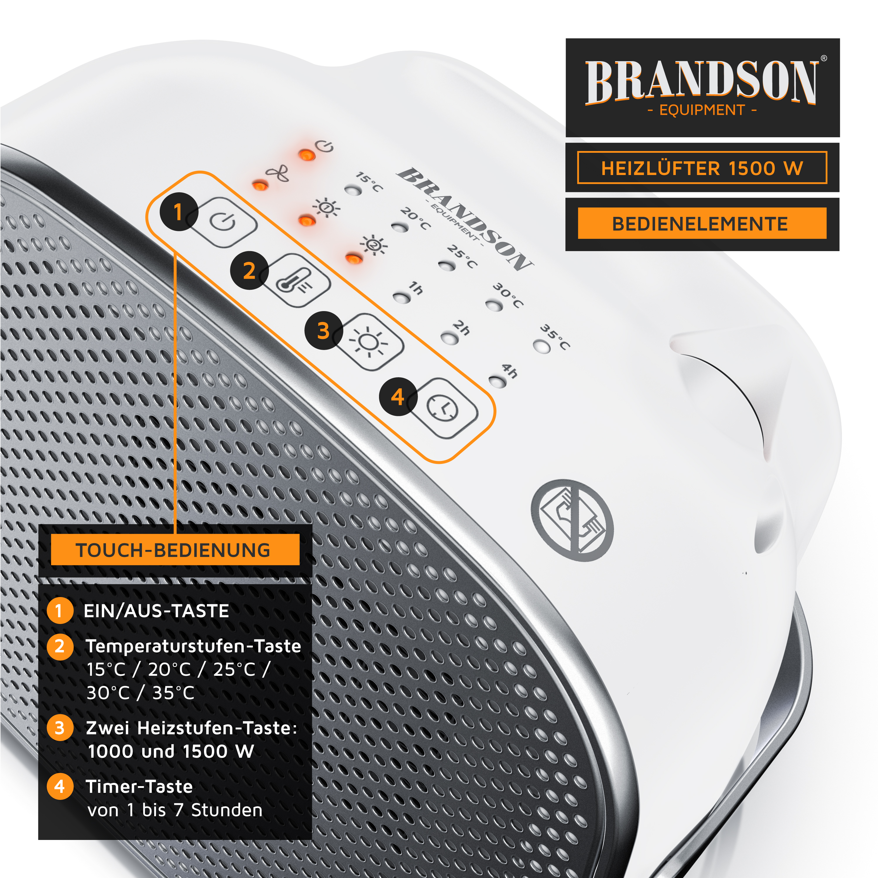 Brandson Heizlüfter mit Touch-Bedienung, sichtbare Temperaturstufen und Timer-Funktion, in Weiß mit silbernem Gehäuse.