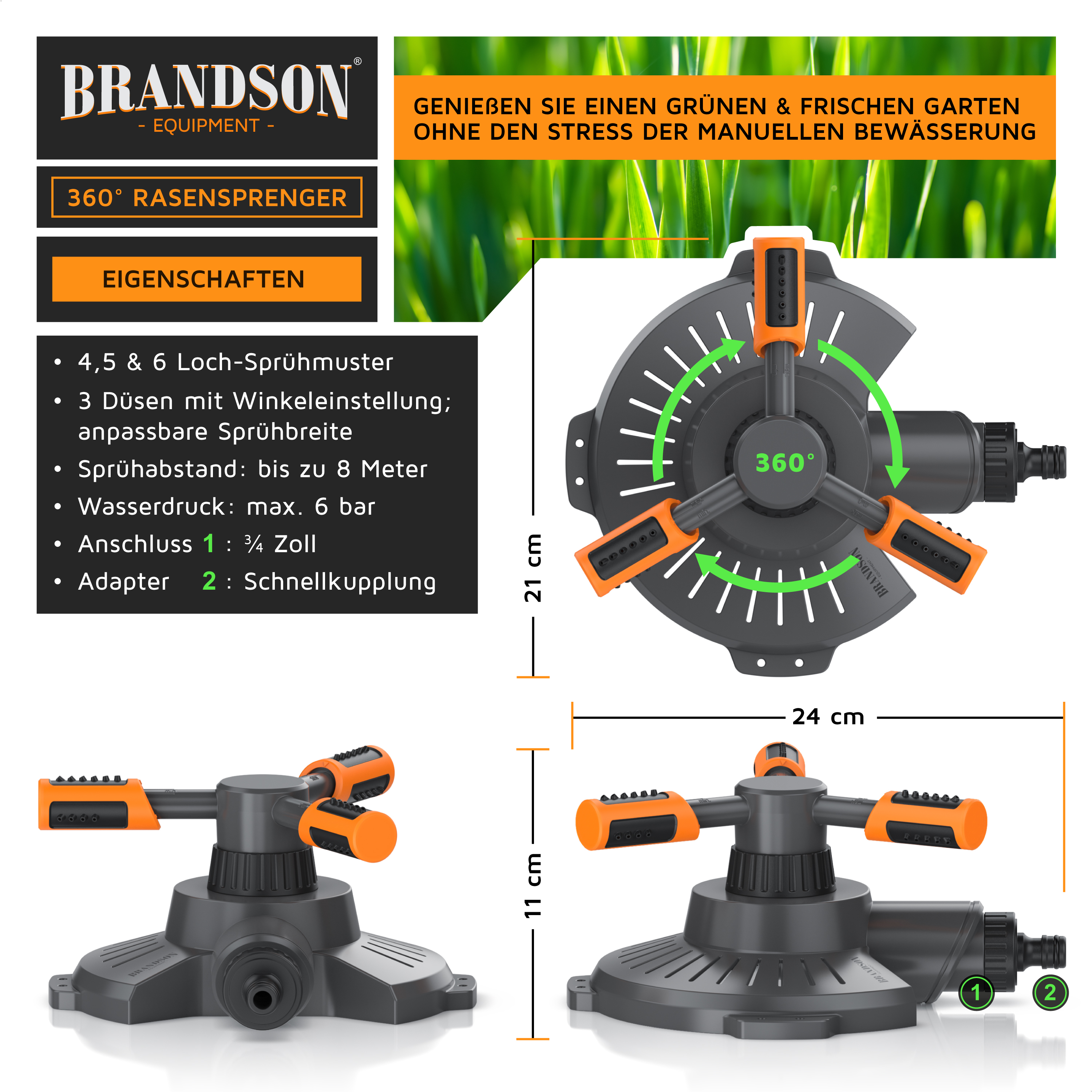 Brandson 360° Rasensprenger mit 3 Düsen, anpassbarer Sprühbreite und Schnellkupplung, ideal für die automatische Gartenbewässerung.