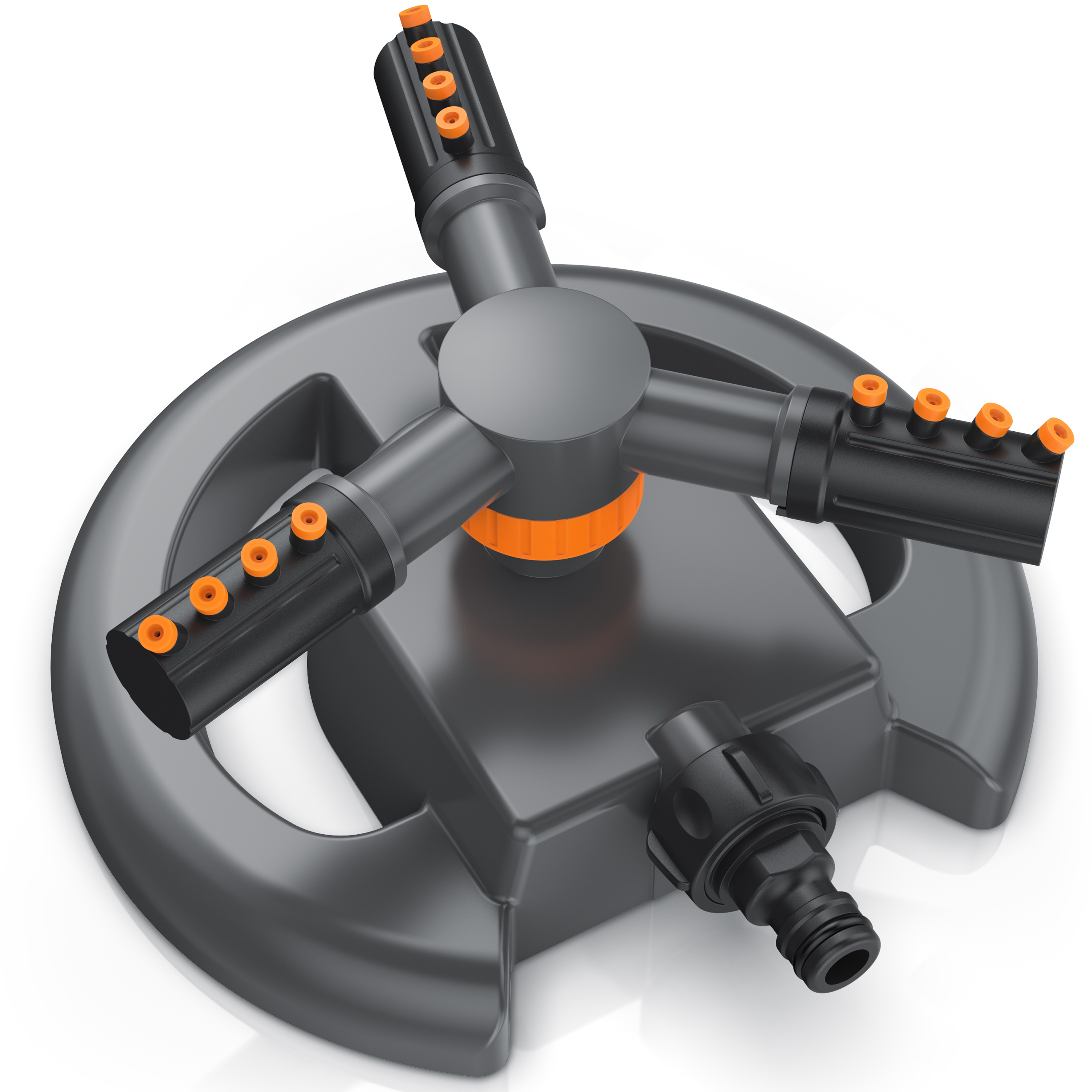 Brandson Sprinkler mit grauem Gehäuse, orangefarbenen Akzenten und mehreren Anschlussmöglichkeiten für flexible Bewässerung.