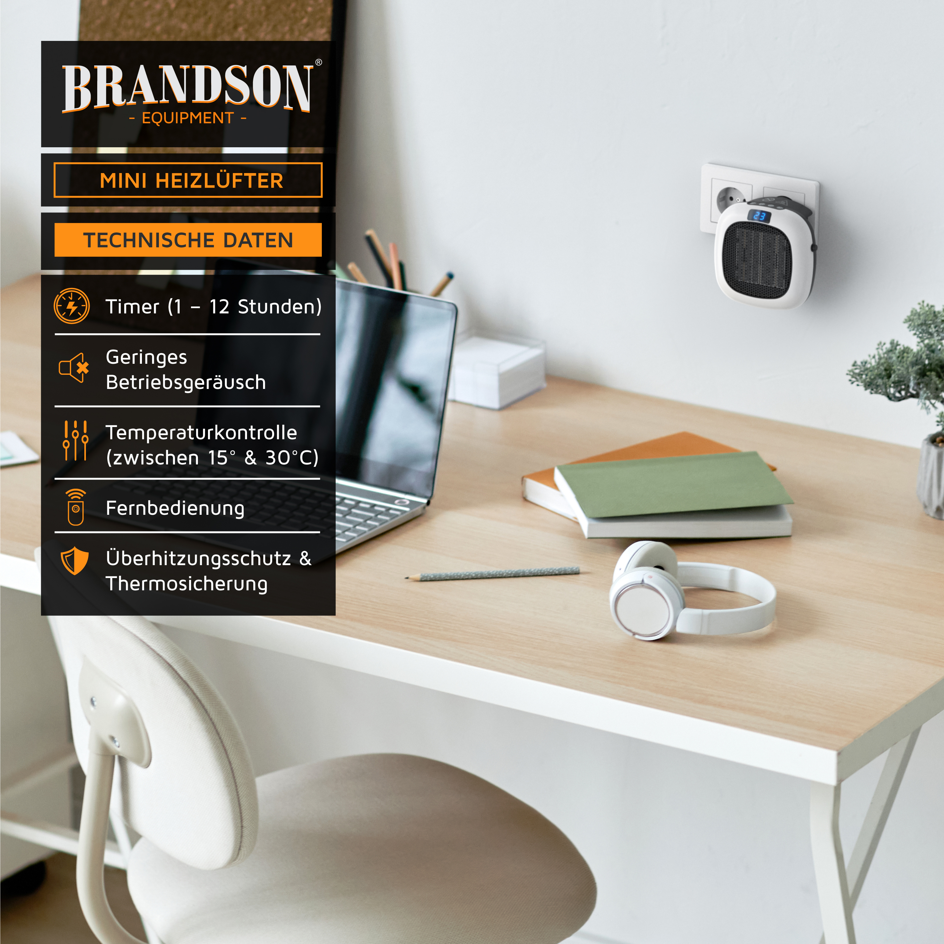 Brandson Mini Heizlüfter in Weiß, wandmontiert, mit digitalem Display und Fernbedienung, ideal für den Einsatz am Schreibtisch.